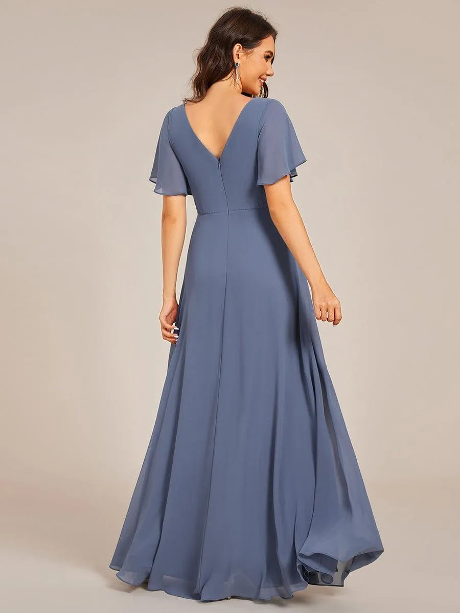 Grace | Elegant Pleated Short Sleeve Deep V-Neck Maxi Formal Evening Dress