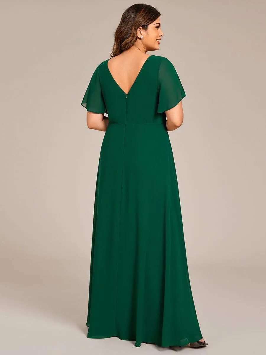 Grace | Elegant Pleated Short Sleeve Deep V-Neck Maxi Formal Evening Dress