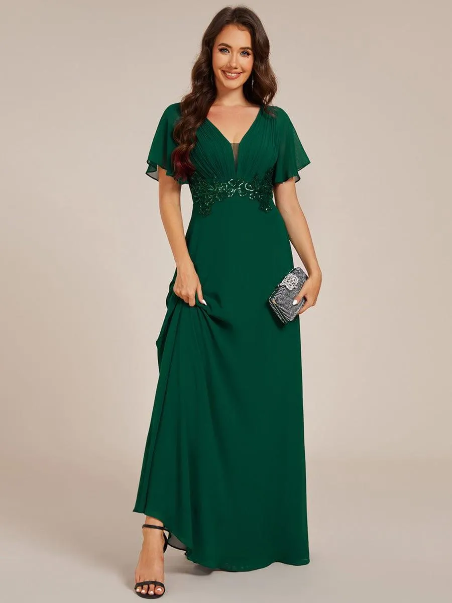 Grace | Elegant Pleated Short Sleeve Deep V-Neck Maxi Formal Evening Dress