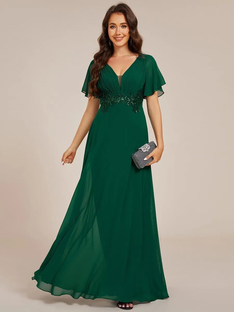 Grace | Elegant Pleated Short Sleeve Deep V-Neck Maxi Formal Evening Dress