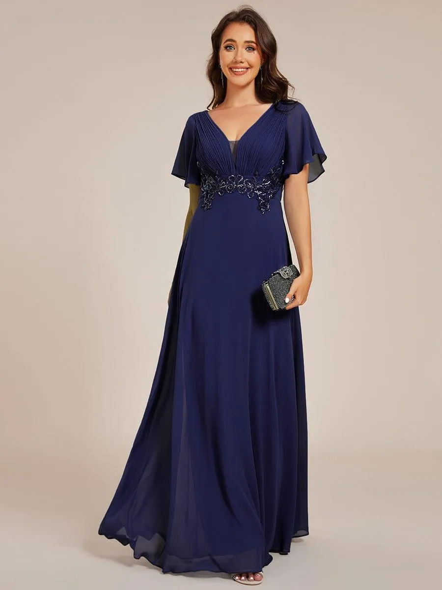 Grace | Elegant Pleated Short Sleeve Deep V-Neck Maxi Formal Evening Dress