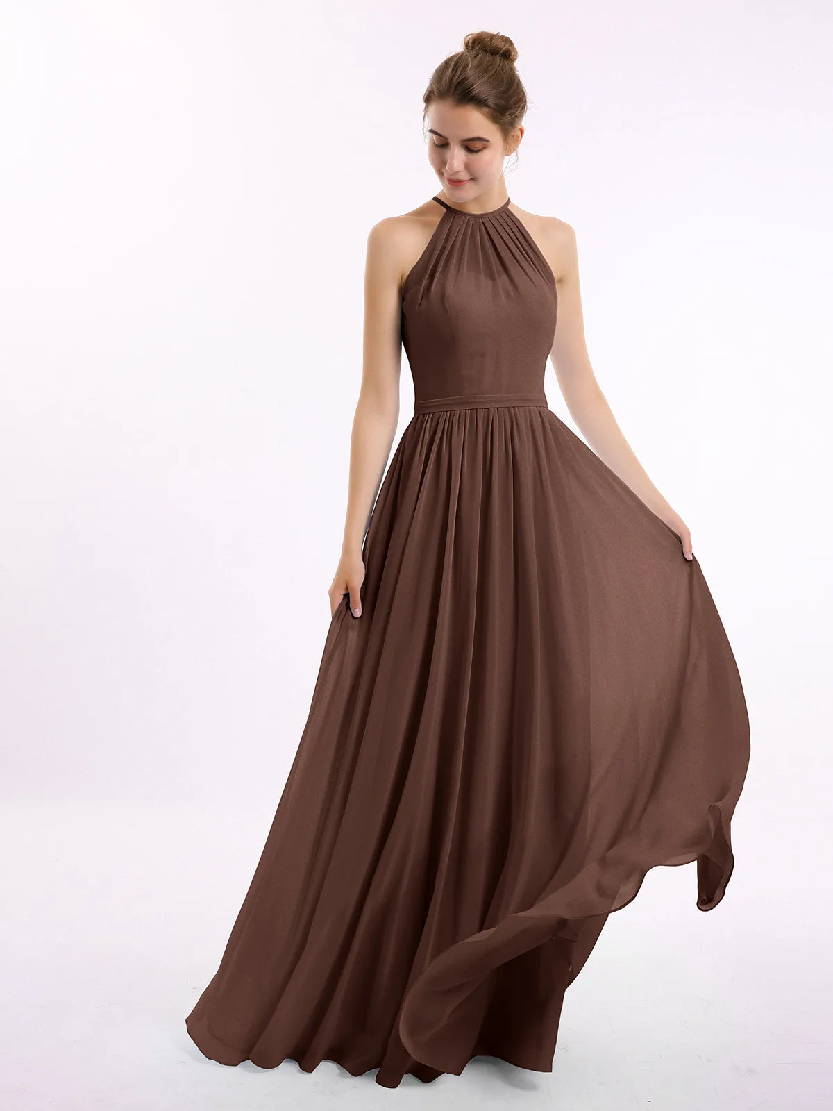 Halter Long Chiffon Gowns with Double Straps-Chocolate