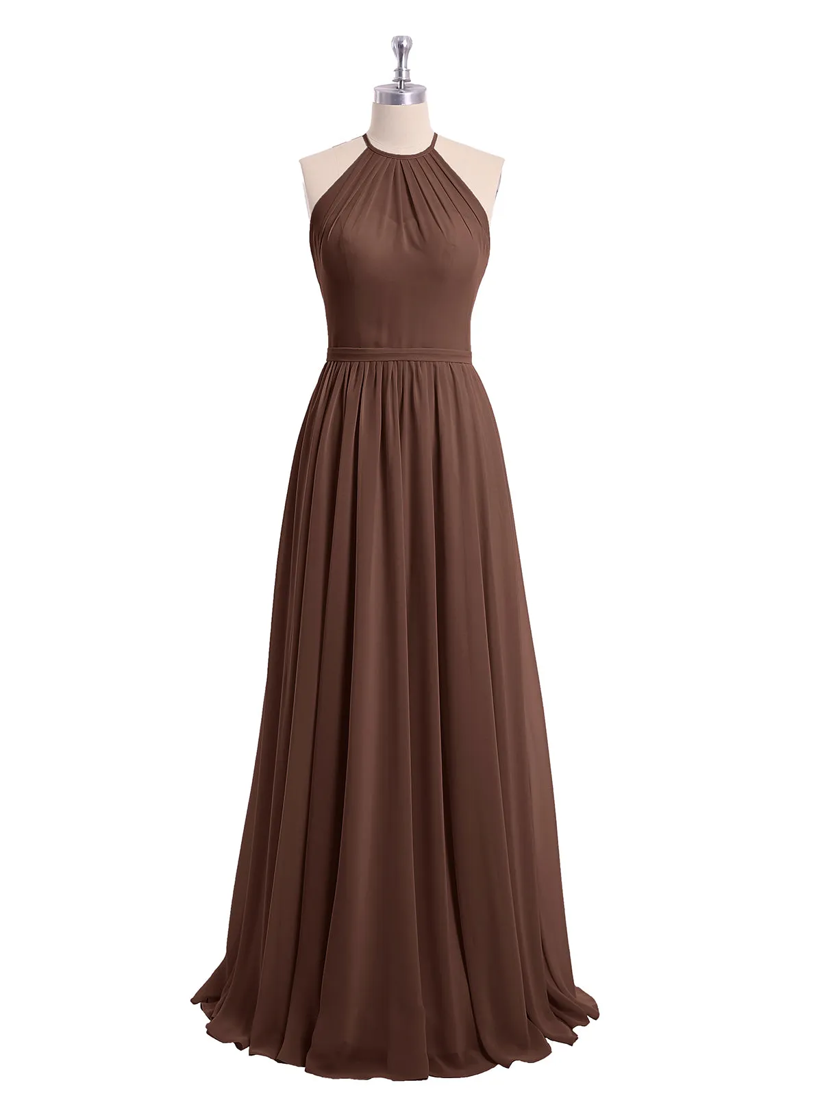 Halter Long Chiffon Gowns with Double Straps-Chocolate