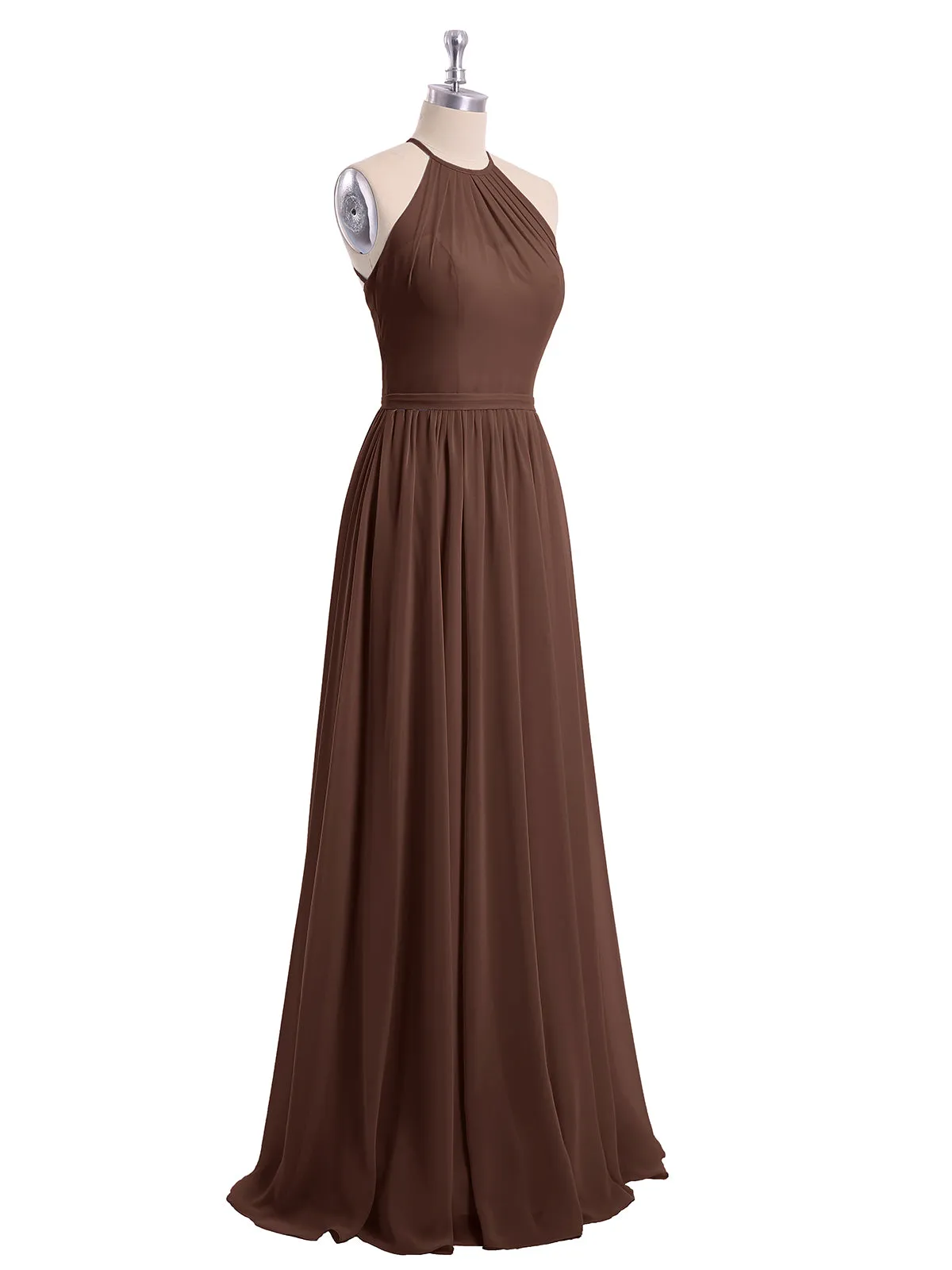 Halter Long Chiffon Gowns with Double Straps-Chocolate