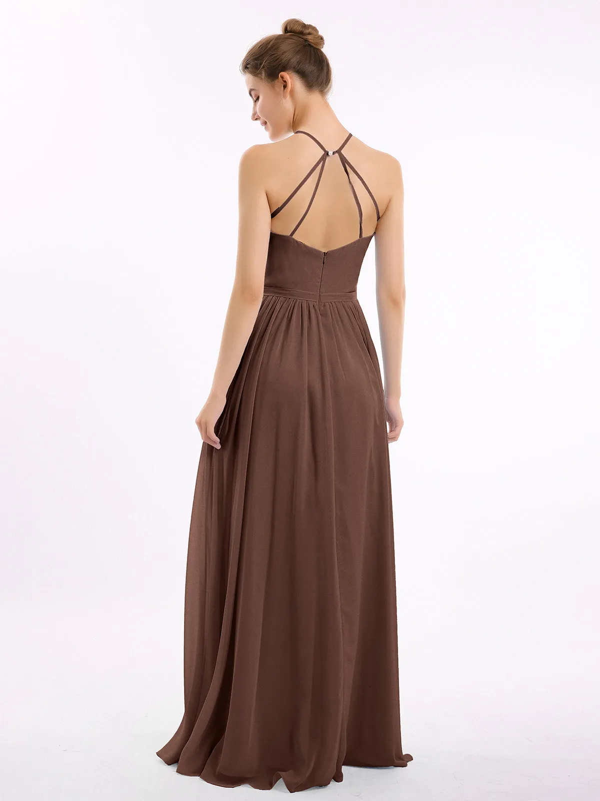 Halter Long Chiffon Gowns with Double Straps-Chocolate
