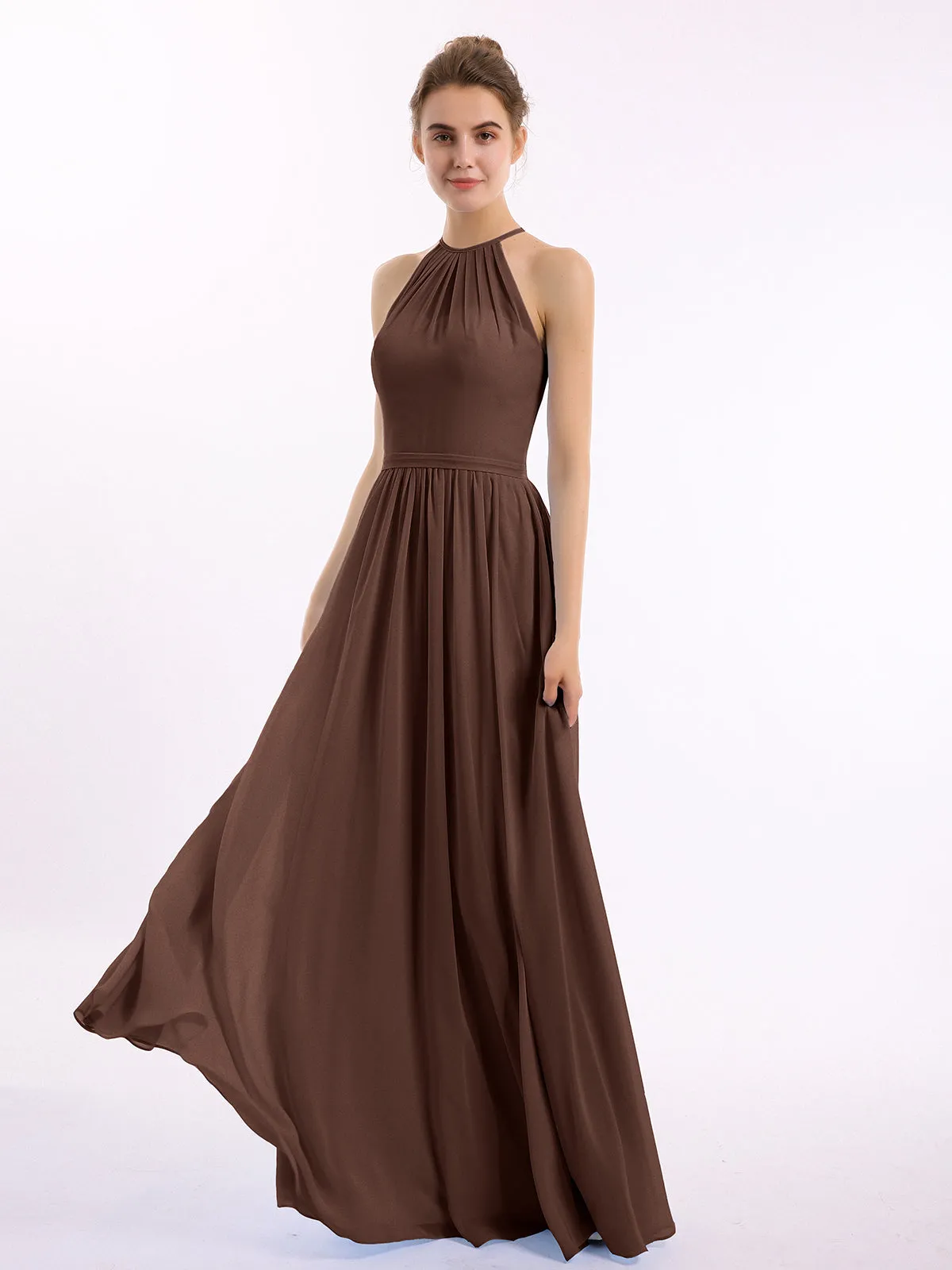 Halter Long Chiffon Gowns with Double Straps-Chocolate