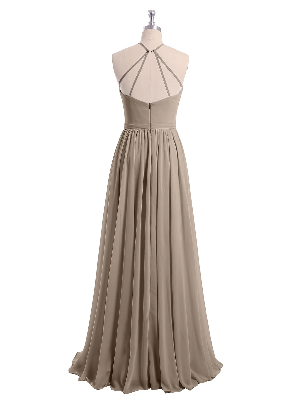 Halter Long Chiffon Gowns with Double Straps-Taupe