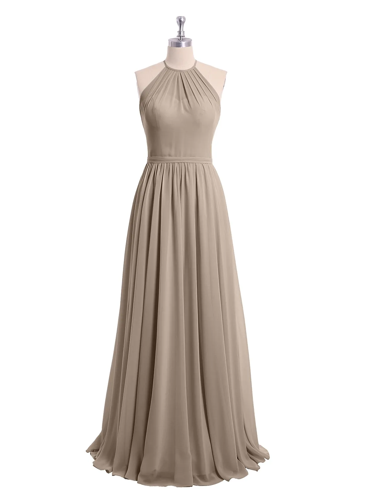 Halter Long Chiffon Gowns with Double Straps-Taupe
