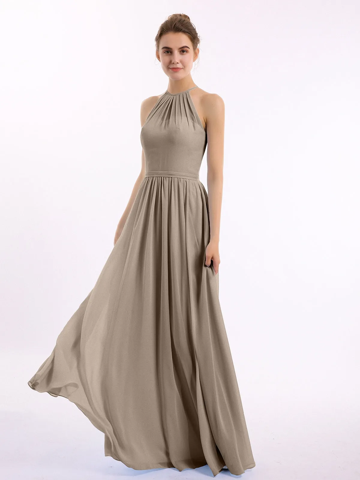 Halter Long Chiffon Gowns with Double Straps-Taupe