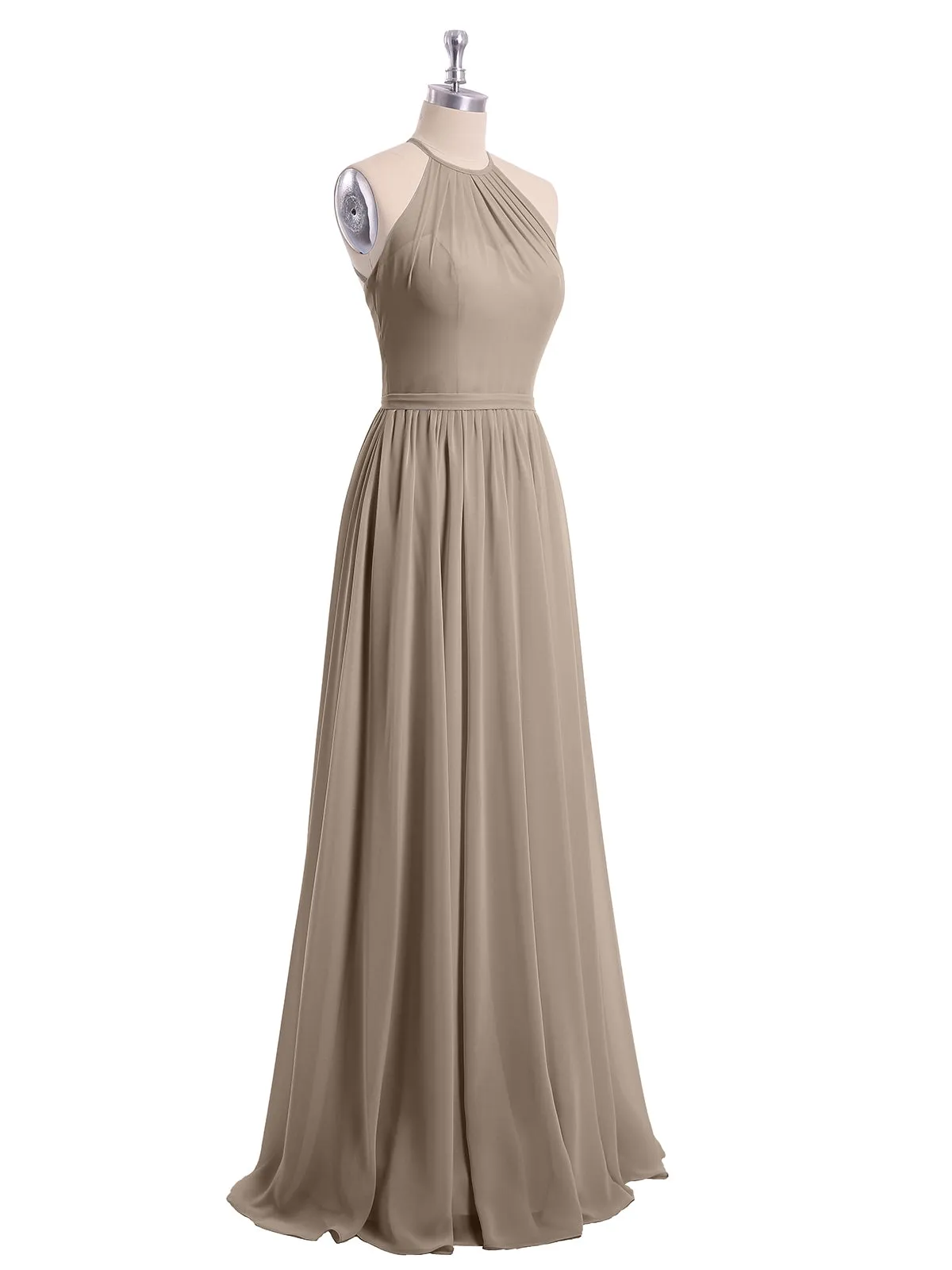 Halter Long Chiffon Gowns with Double Straps-Taupe