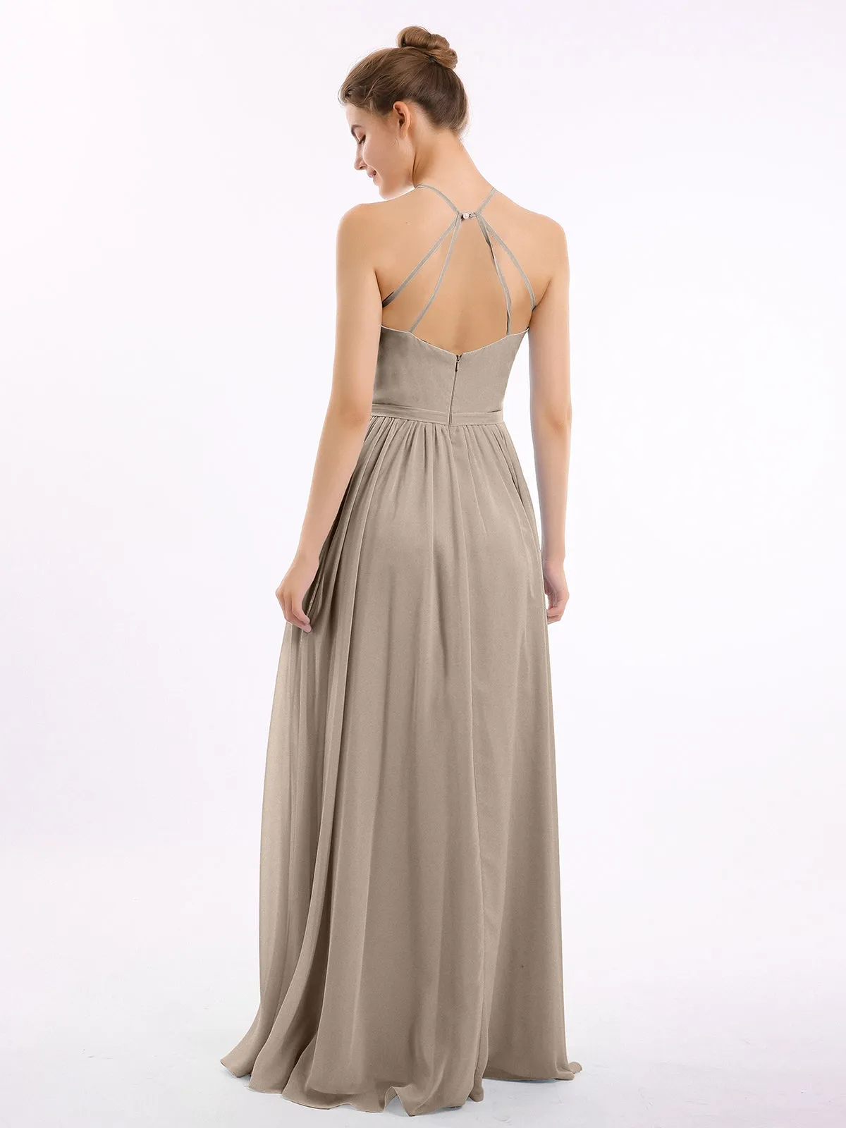 Halter Long Chiffon Gowns with Double Straps-Taupe
