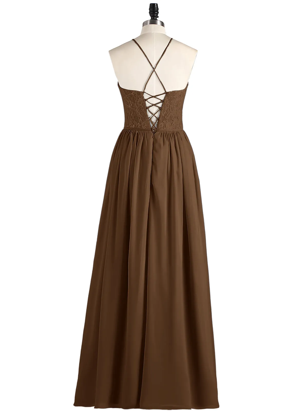Illusion Neck Lace and Chiffon Maxi Gowns-Brown