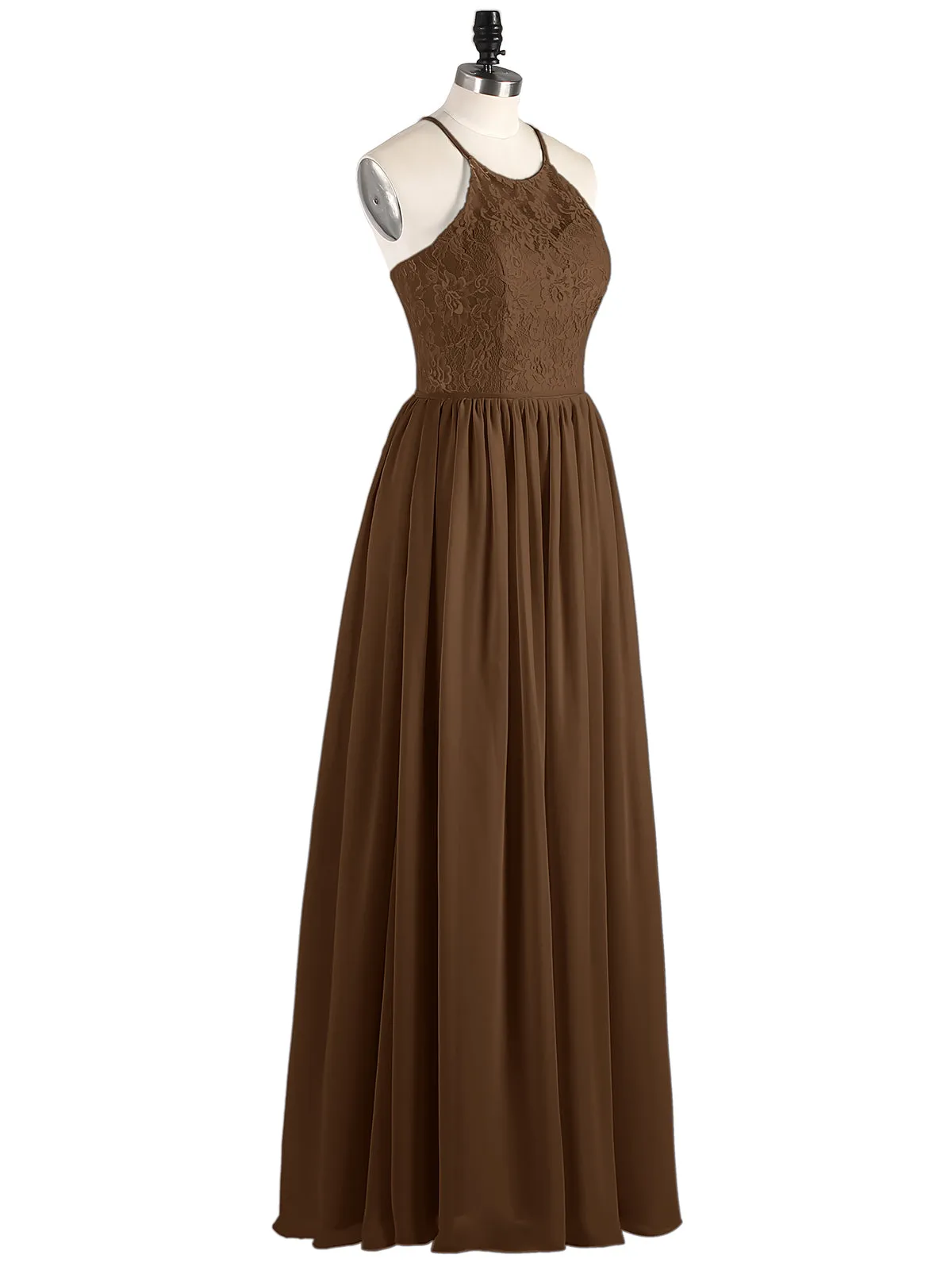Illusion Neck Lace and Chiffon Maxi Gowns-Brown