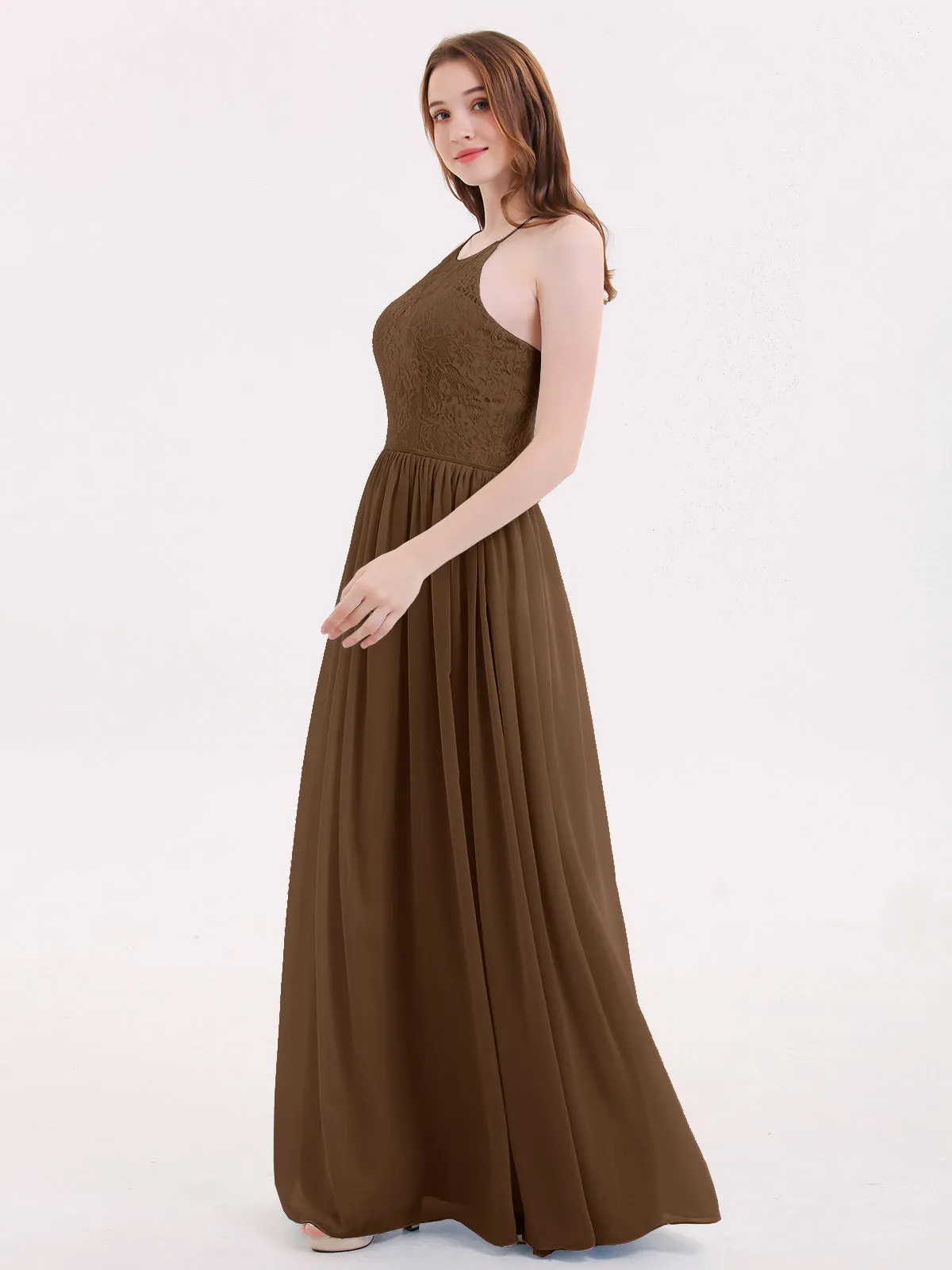 Illusion Neck Lace and Chiffon Maxi Gowns-Brown