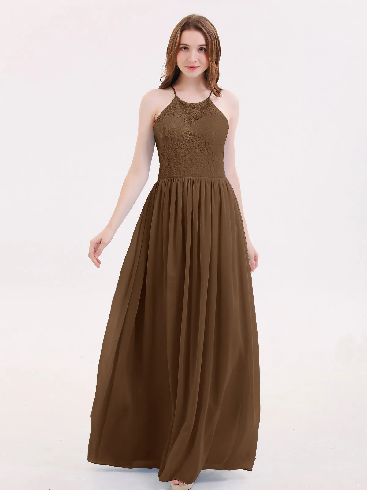 Illusion Neck Lace and Chiffon Maxi Gowns-Brown