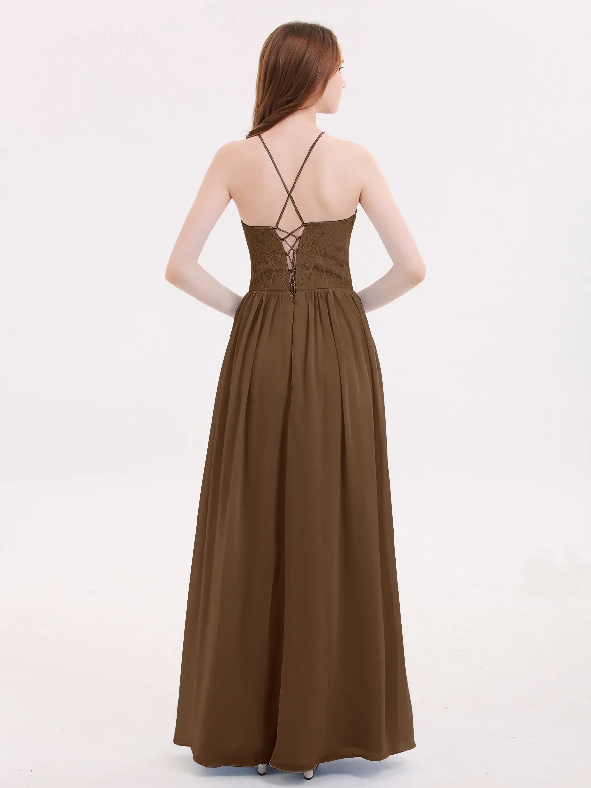 Illusion Neck Lace and Chiffon Maxi Gowns-Brown