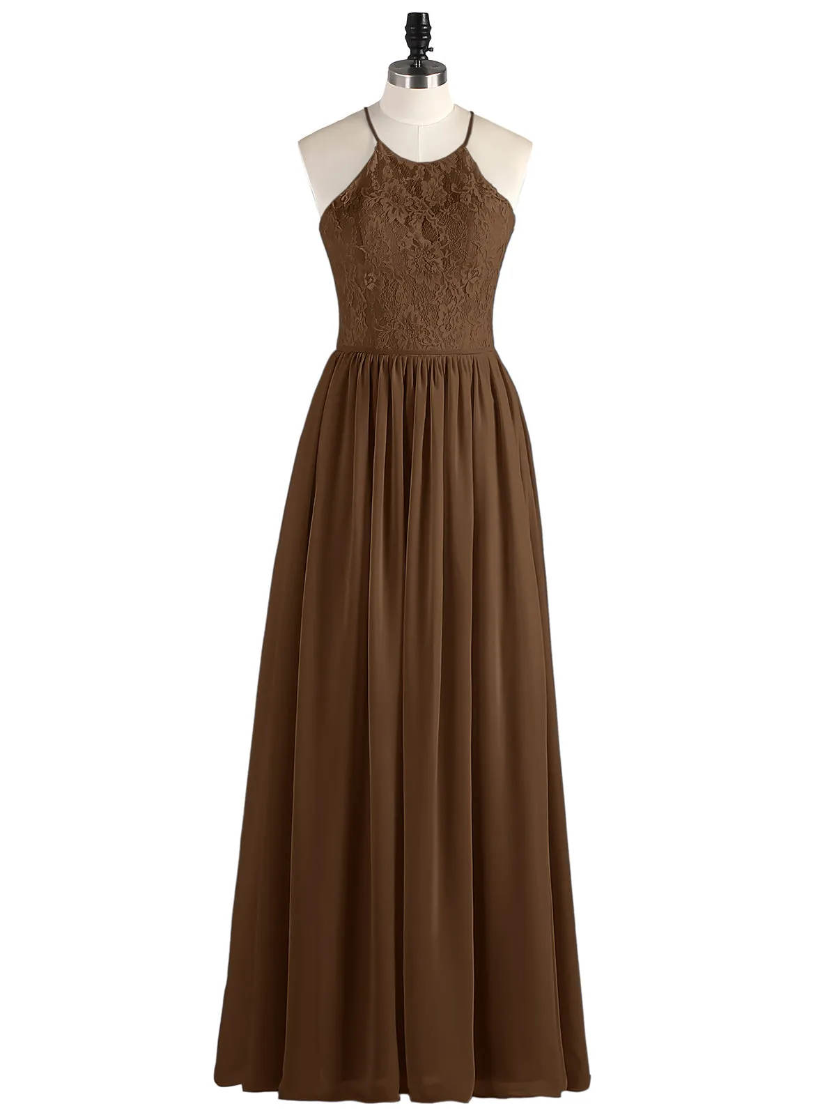 Illusion Neck Lace and Chiffon Maxi Gowns-Brown