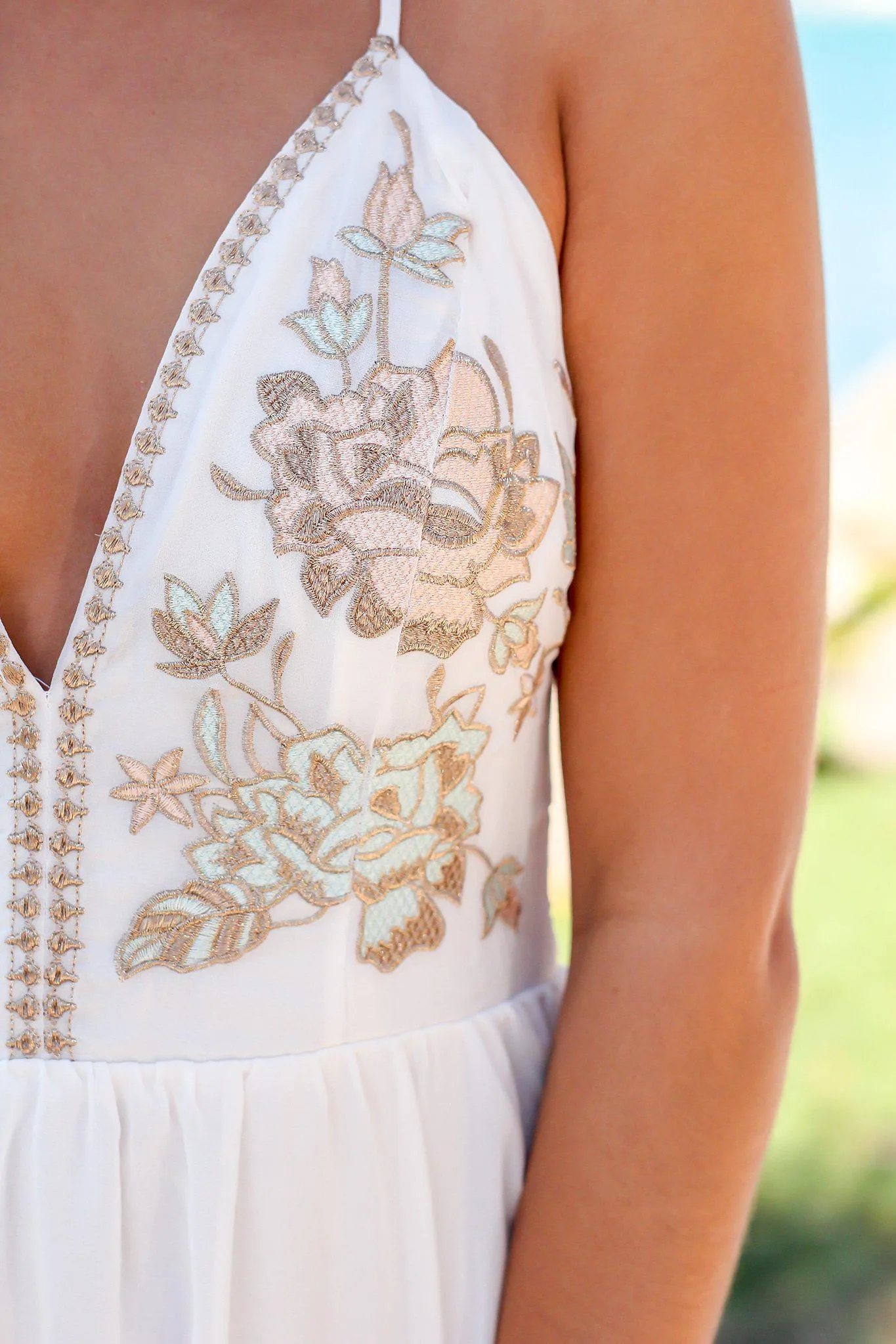 Ivory Maxi Dress with Embroidered Top and Criss Cross Back