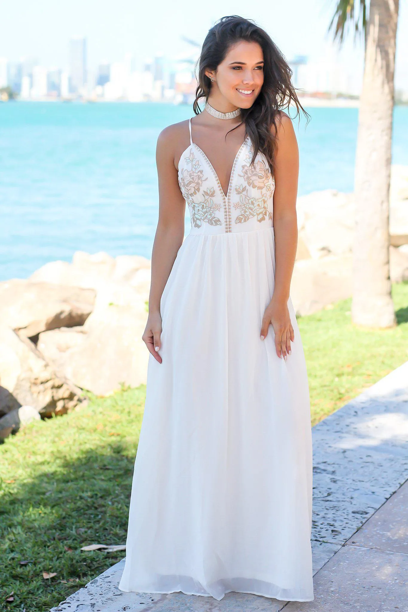 Ivory Maxi Dress with Embroidered Top and Criss Cross Back