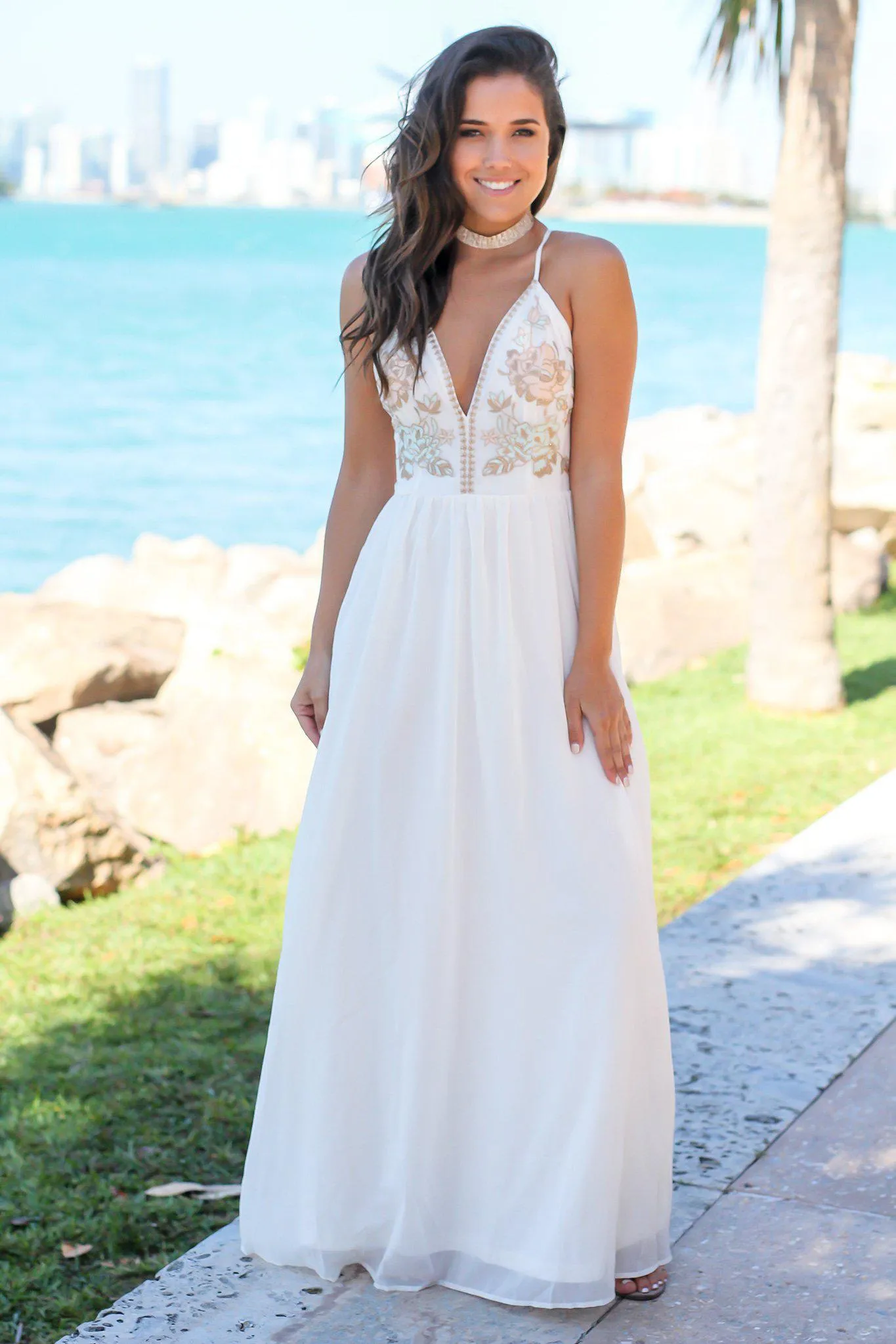 Ivory Maxi Dress with Embroidered Top and Criss Cross Back