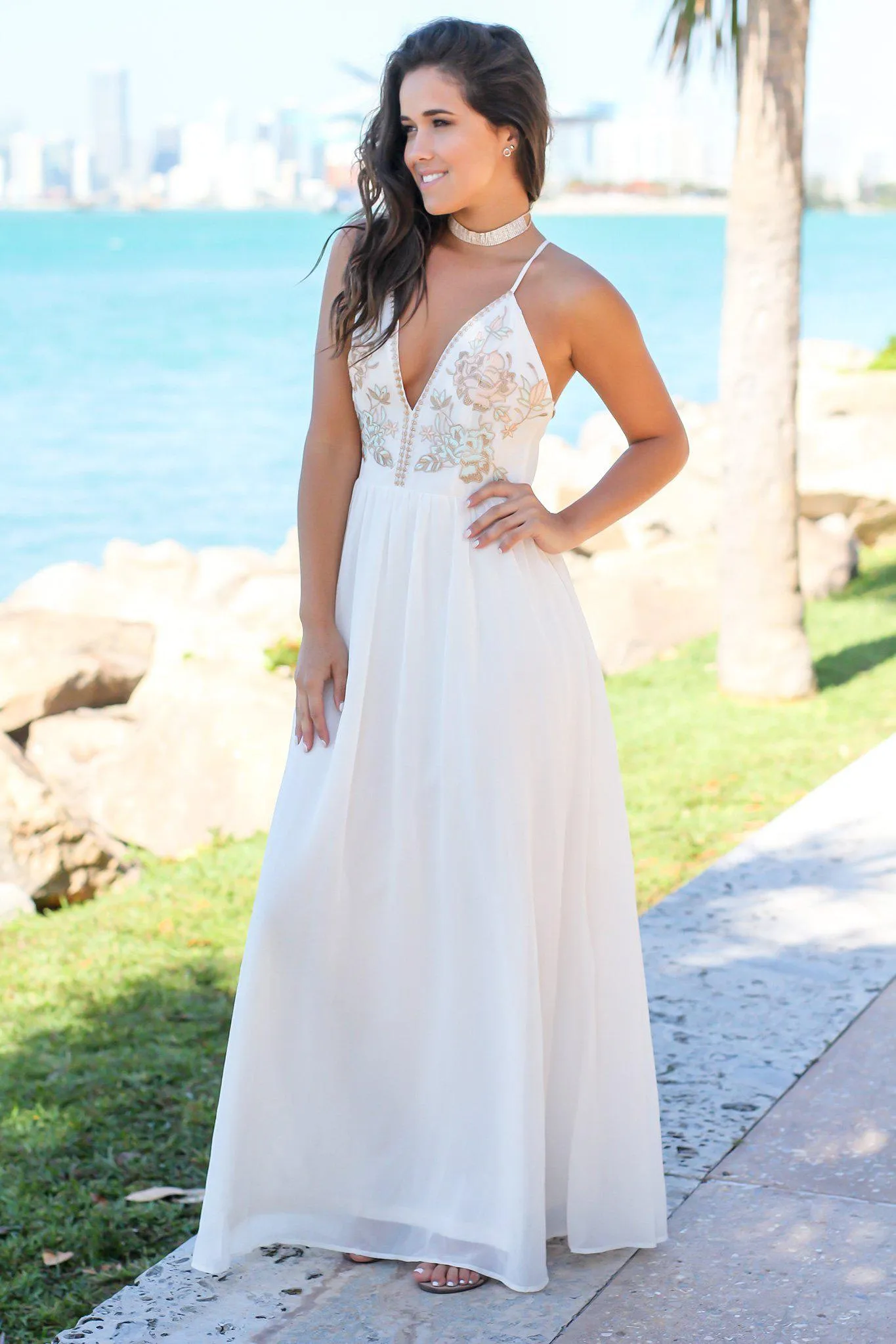 Ivory Maxi Dress with Embroidered Top and Criss Cross Back