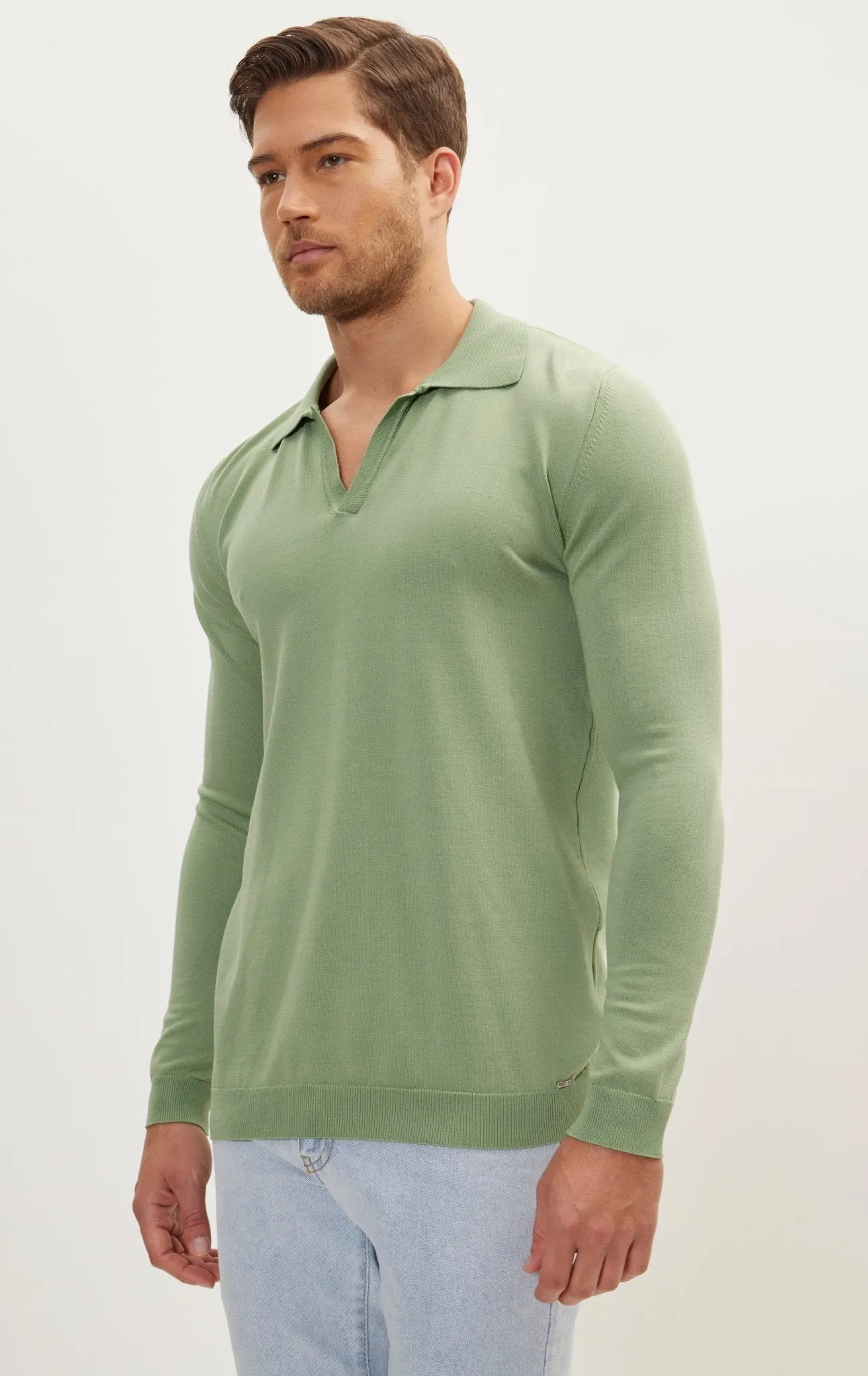 Johnny-Collar Sweater Polo - Teal Green