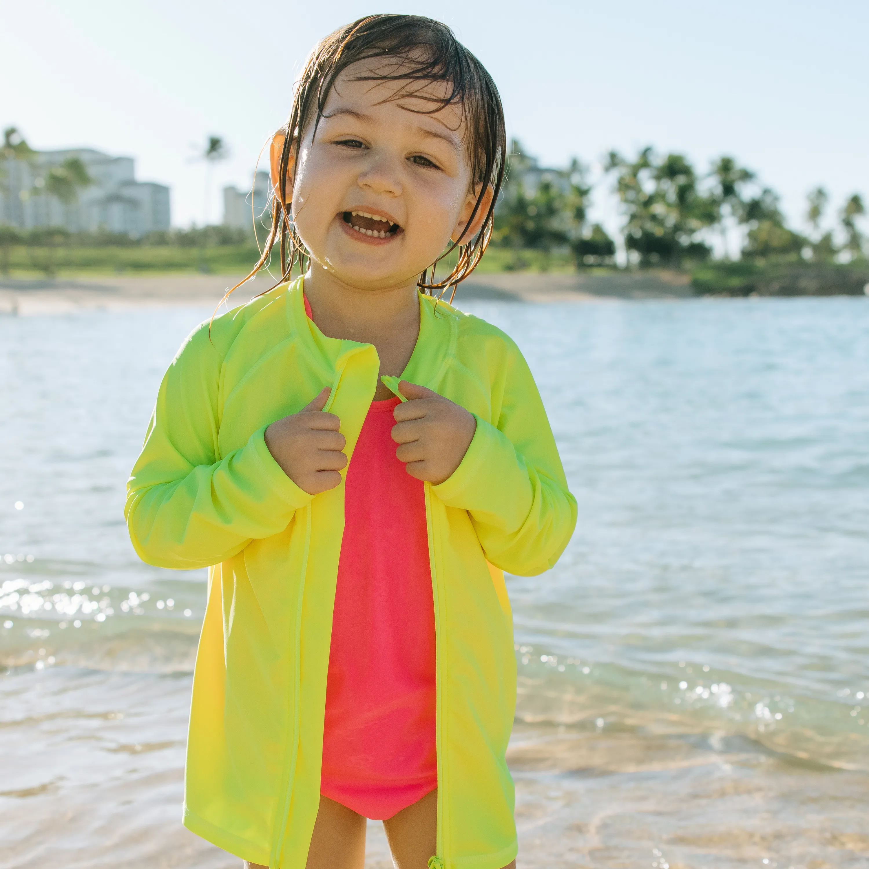 Kids UPF 50  Long Sleeve Zipper Rash Guard Swim Shirt | "Neon Yellow"