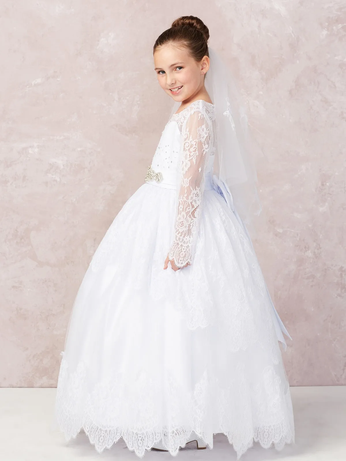 Long Sleeve Lace Applique Full Length Communion Dress 1180
