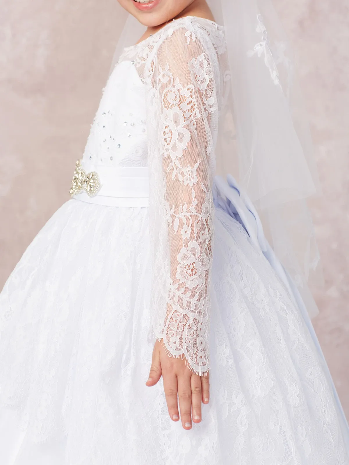 Long Sleeve Lace Applique Full Length Communion Dress 1180