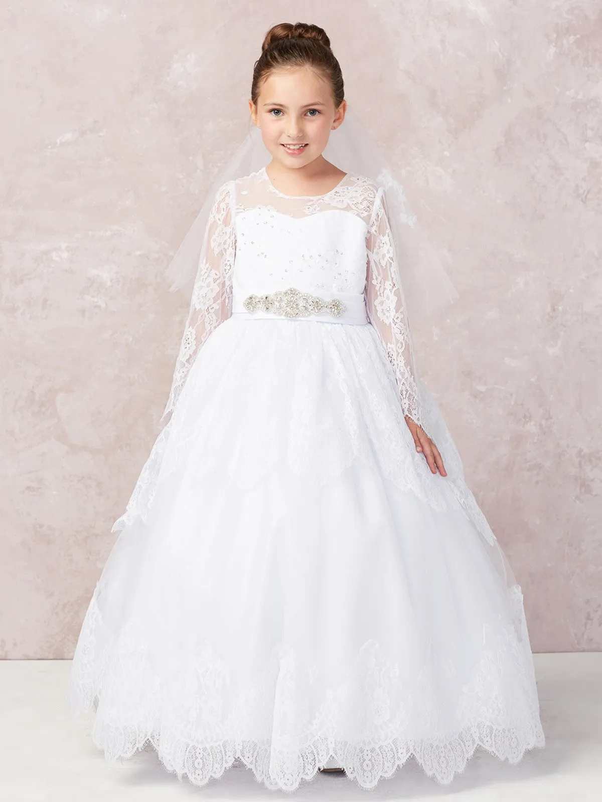 Long Sleeve Lace Applique Full Length Communion Dress 1180