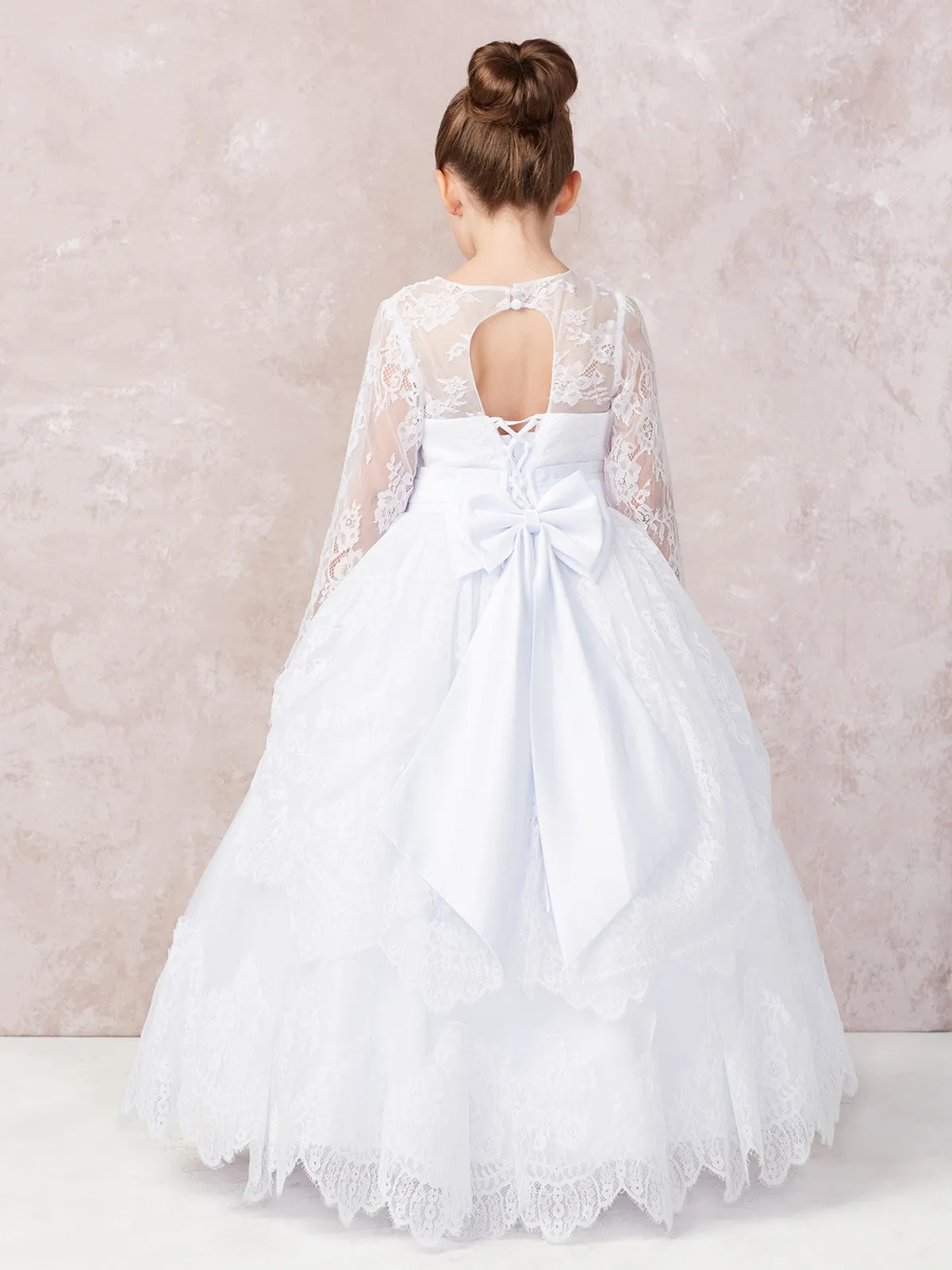 Long Sleeve Lace Applique Full Length Communion Dress 1180
