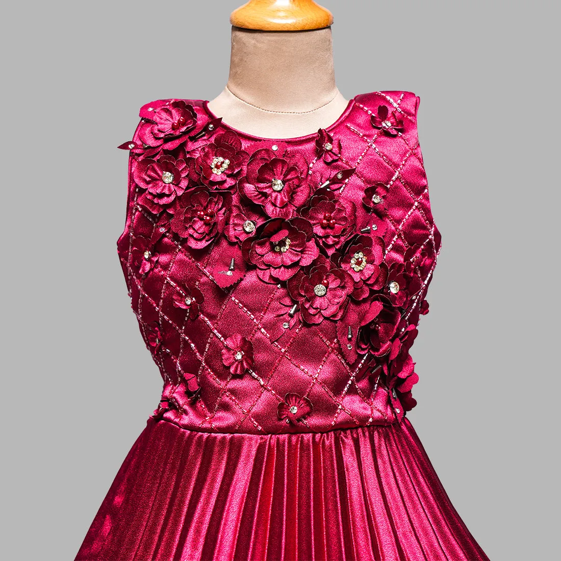Maroon & Wine Floral Embossed Girls Gown
