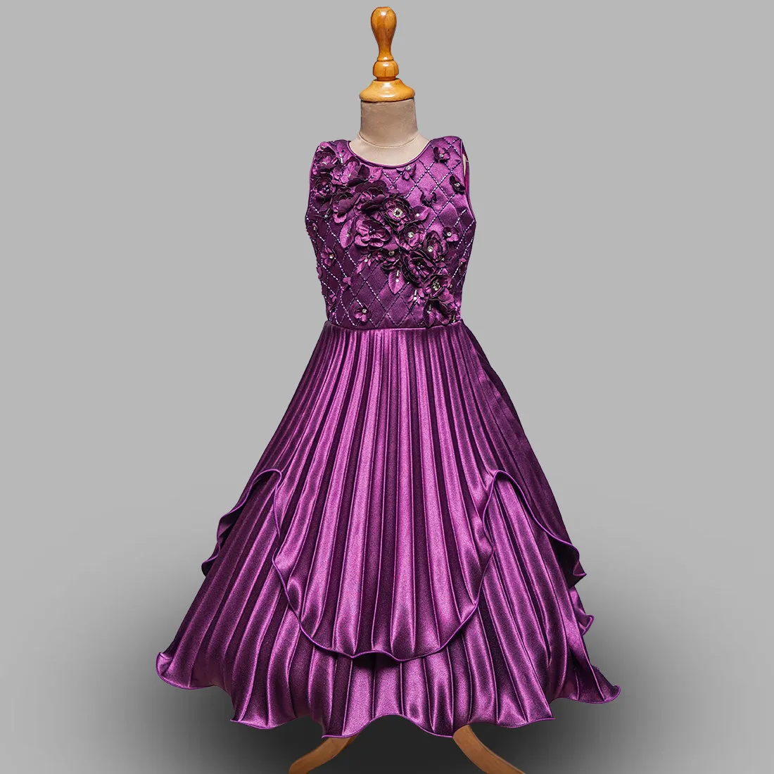 Maroon & Wine Floral Embossed Girls Gown