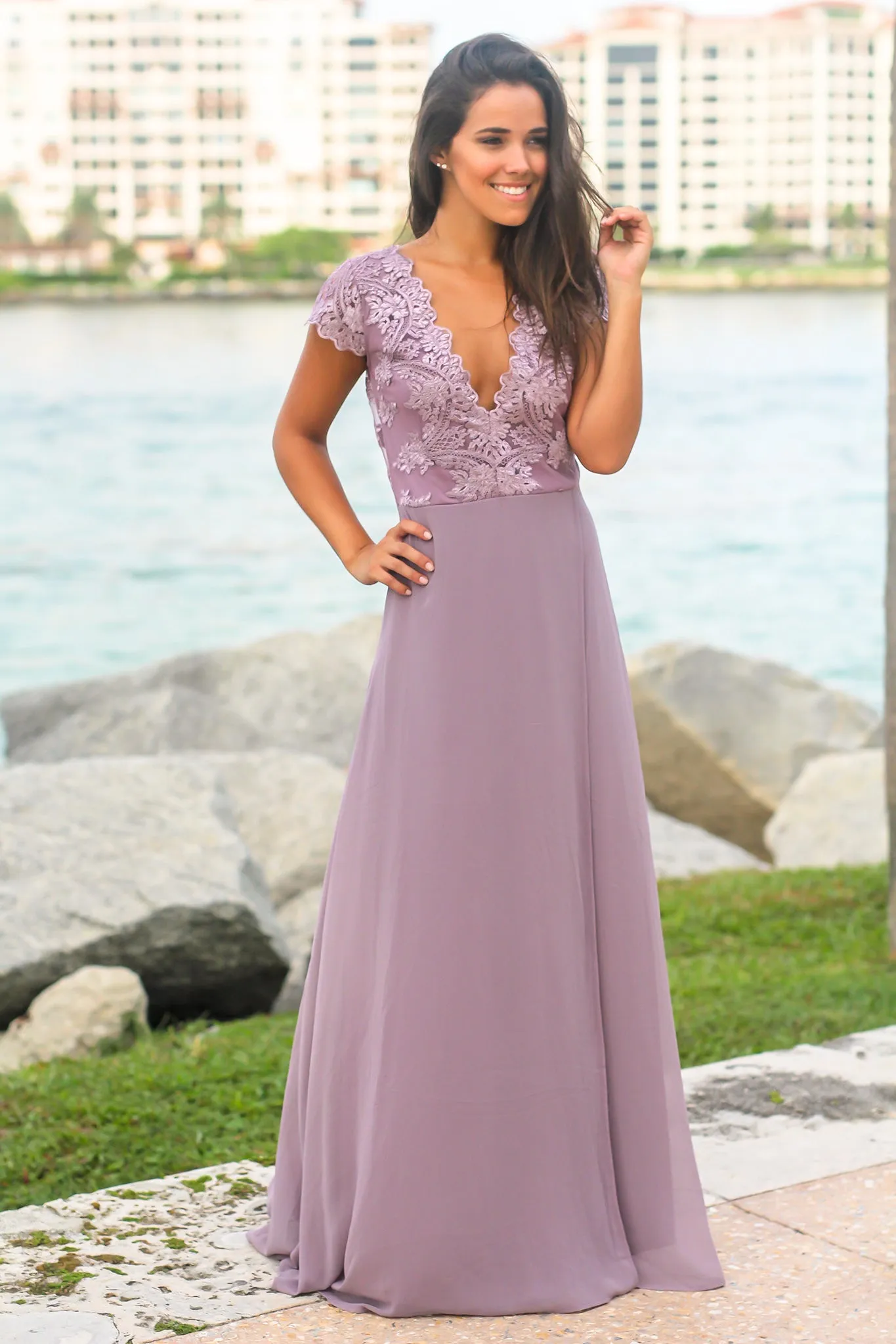 Mauve Maxi Dress with Embroidered Top and Slit