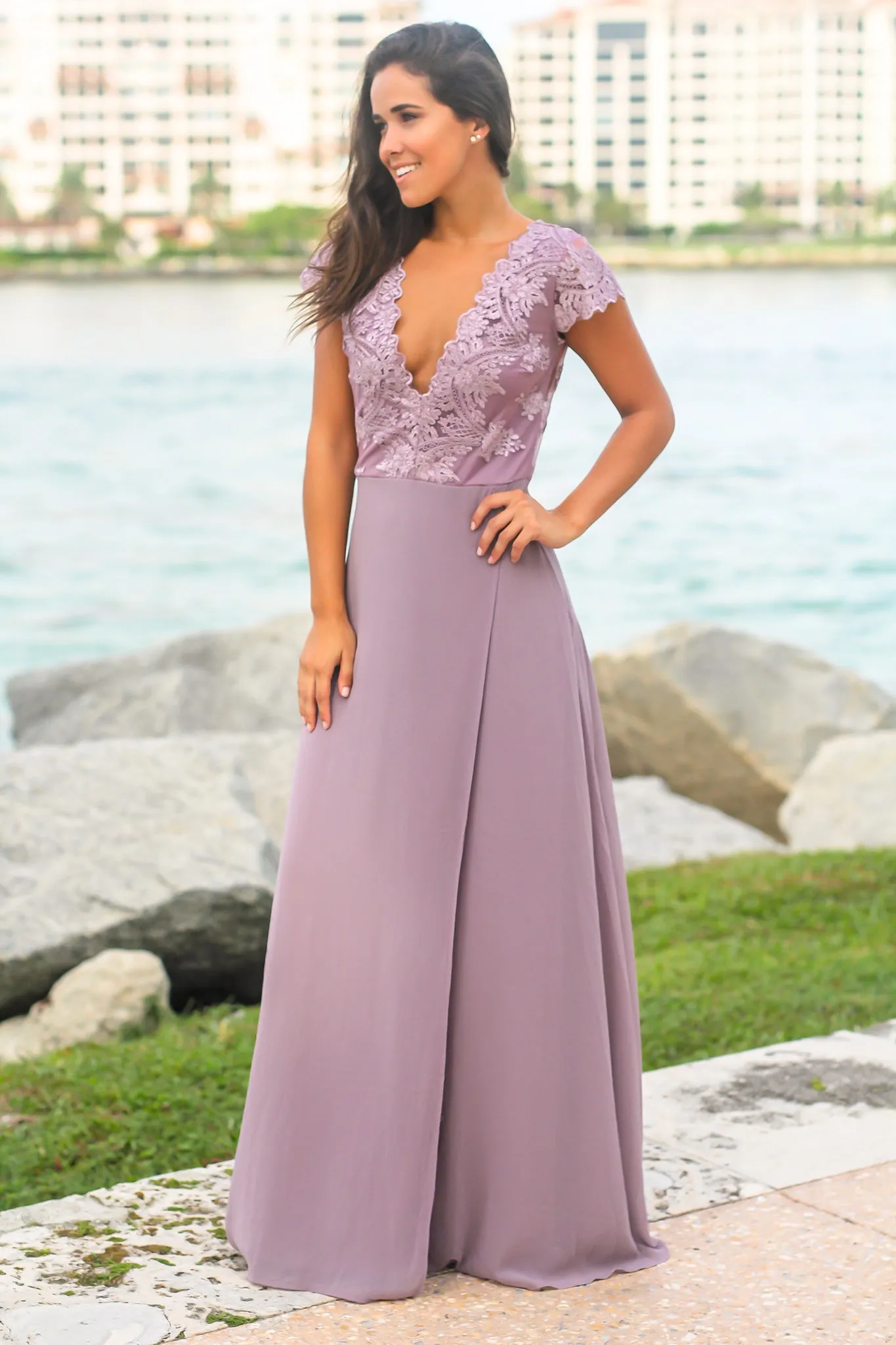 Mauve Maxi Dress with Embroidered Top and Slit