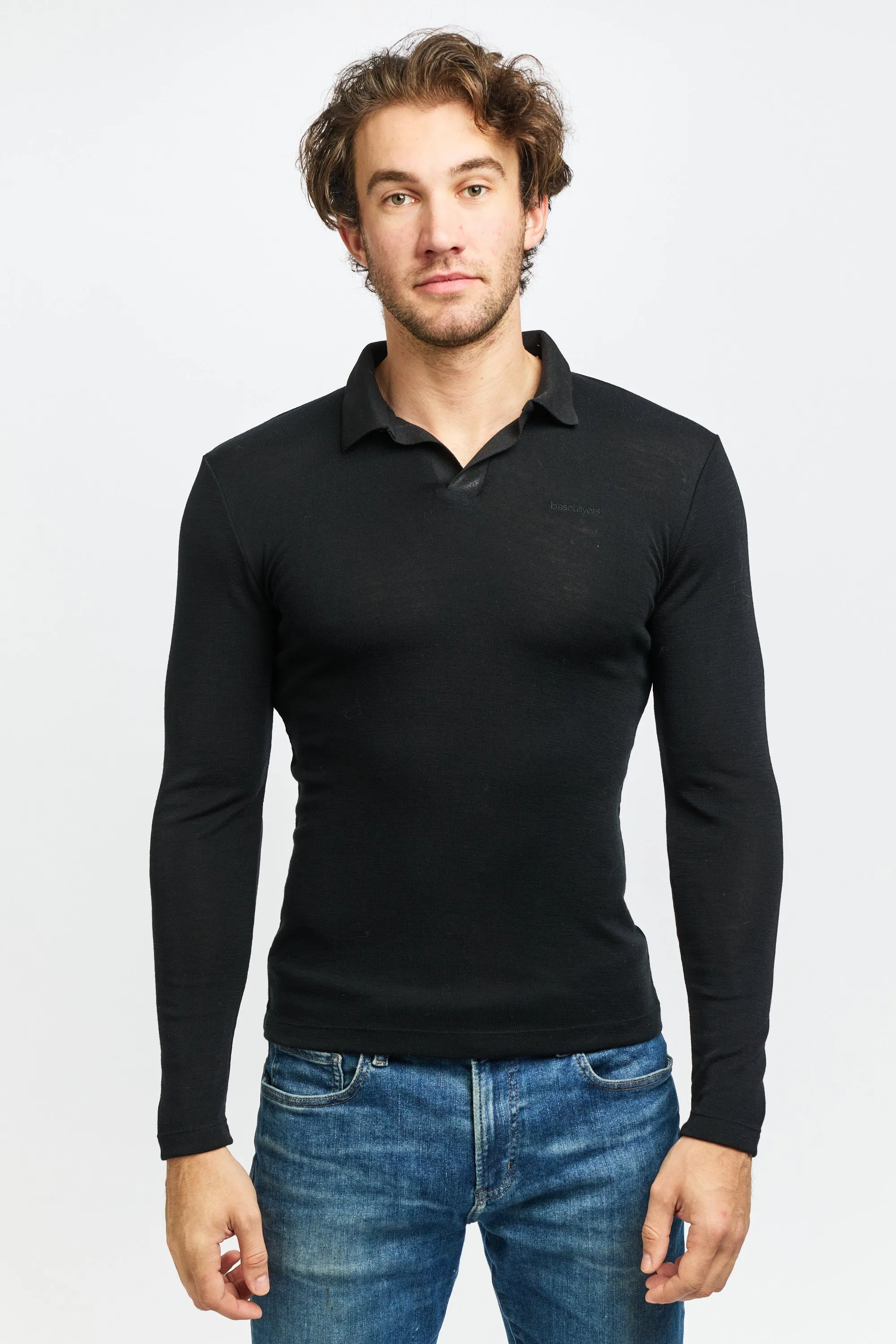 Men's Pure Merino Wool POLO Long Sleeve - Black