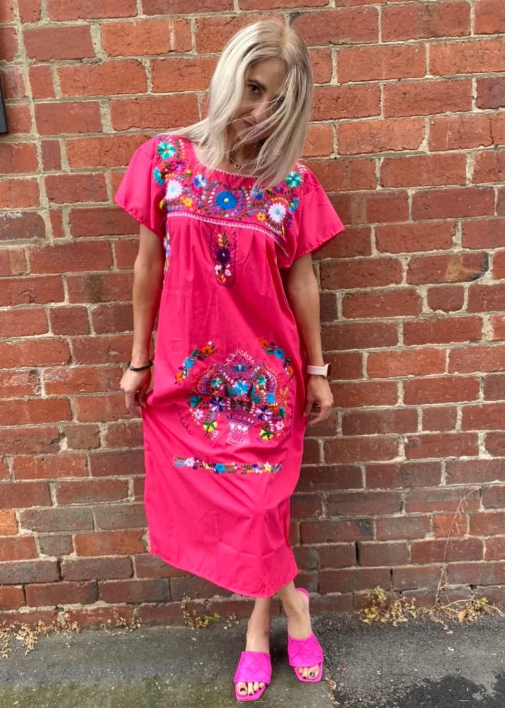 Mexicana Embroidered Dress - Pink
