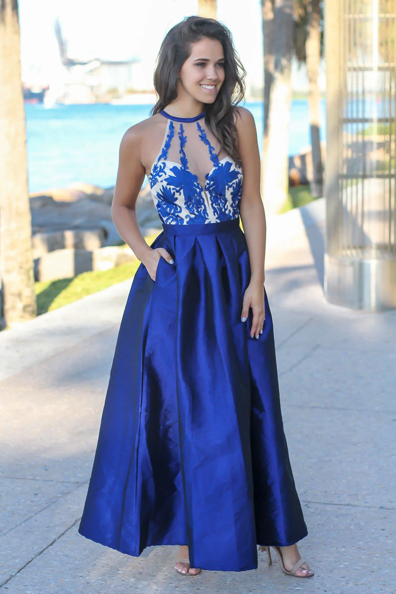 Navy Maxi Dress with Embroidered Top and Tulle Back