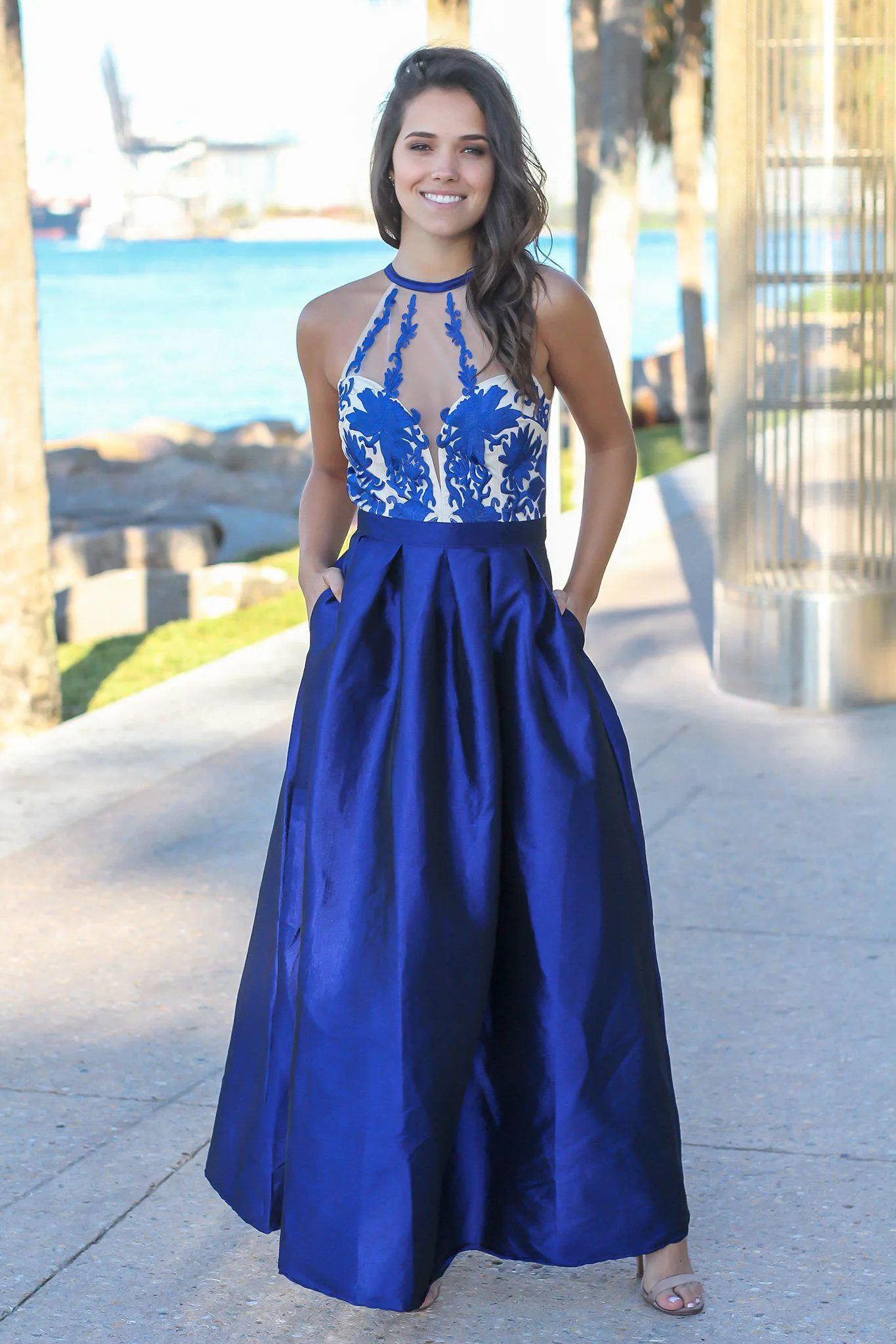 Navy Maxi Dress with Embroidered Top and Tulle Back