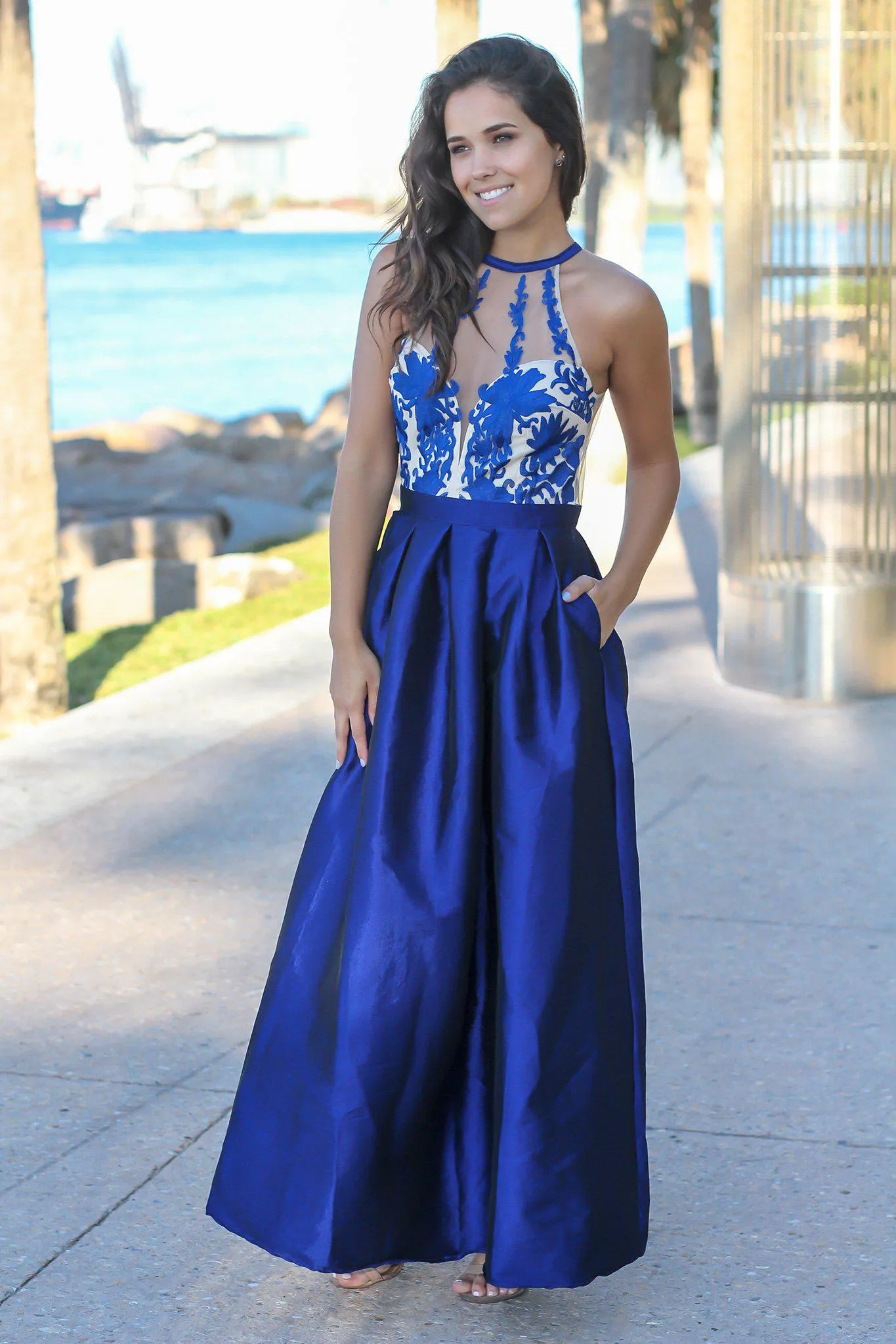 Navy Maxi Dress with Embroidered Top and Tulle Back