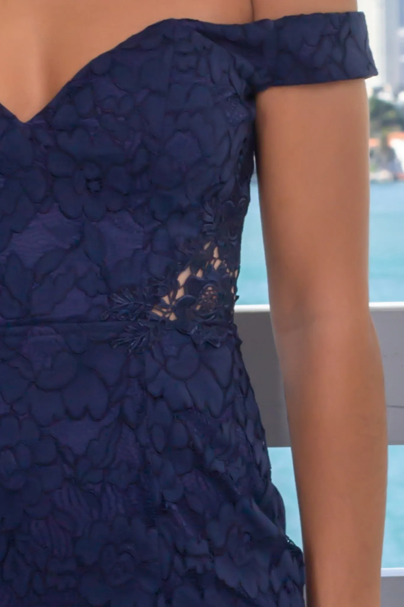 Navy Off Shoulder Maxi Dress with Embroidered Side Detail