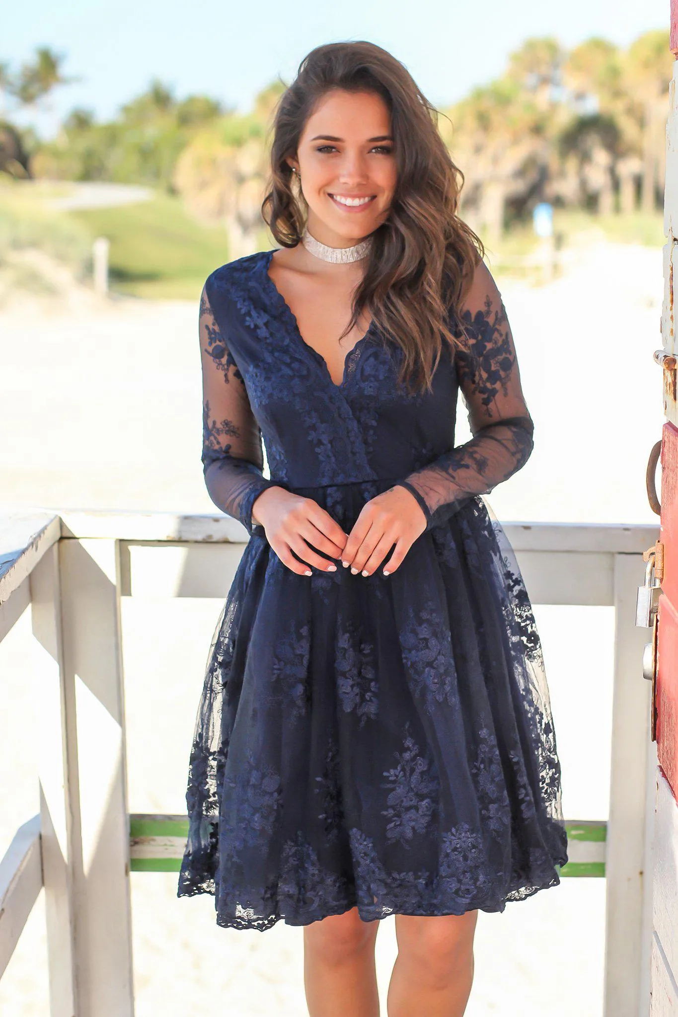 Navy Short Dress with Mesh Embroidered Sleeves