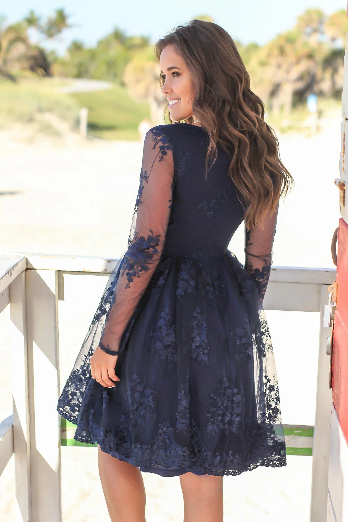 Navy Short Dress with Mesh Embroidered Sleeves