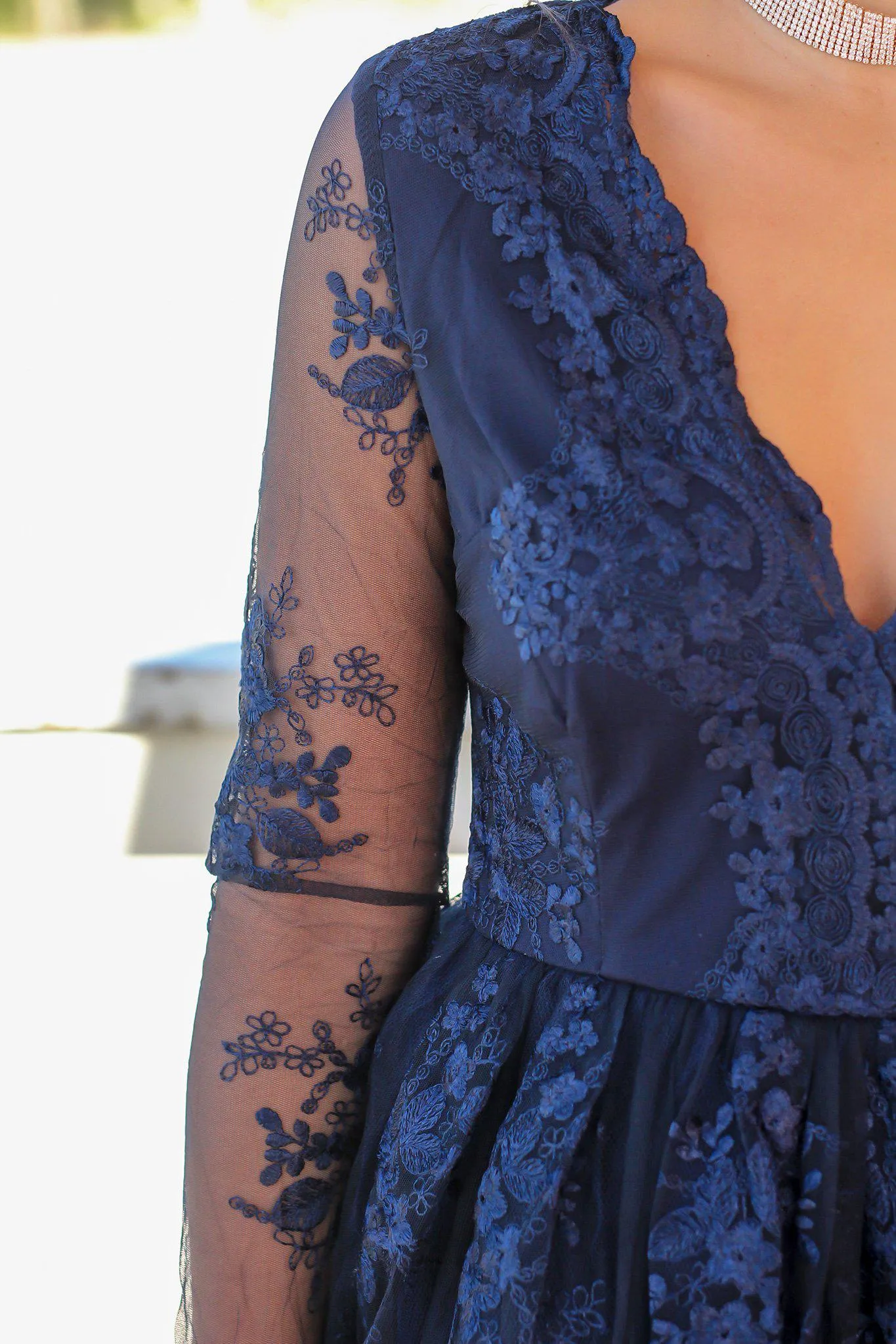 Navy Short Dress with Mesh Embroidered Sleeves