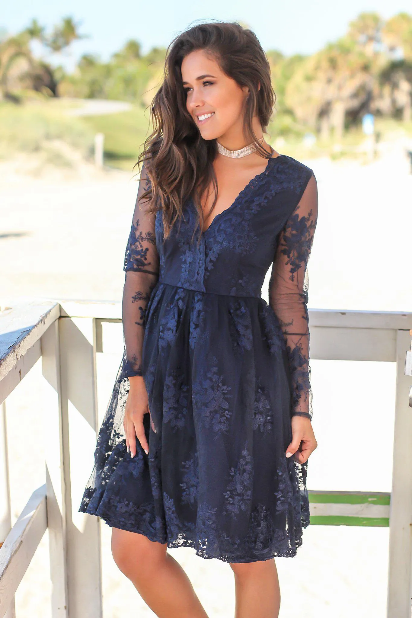 Navy Short Dress with Mesh Embroidered Sleeves