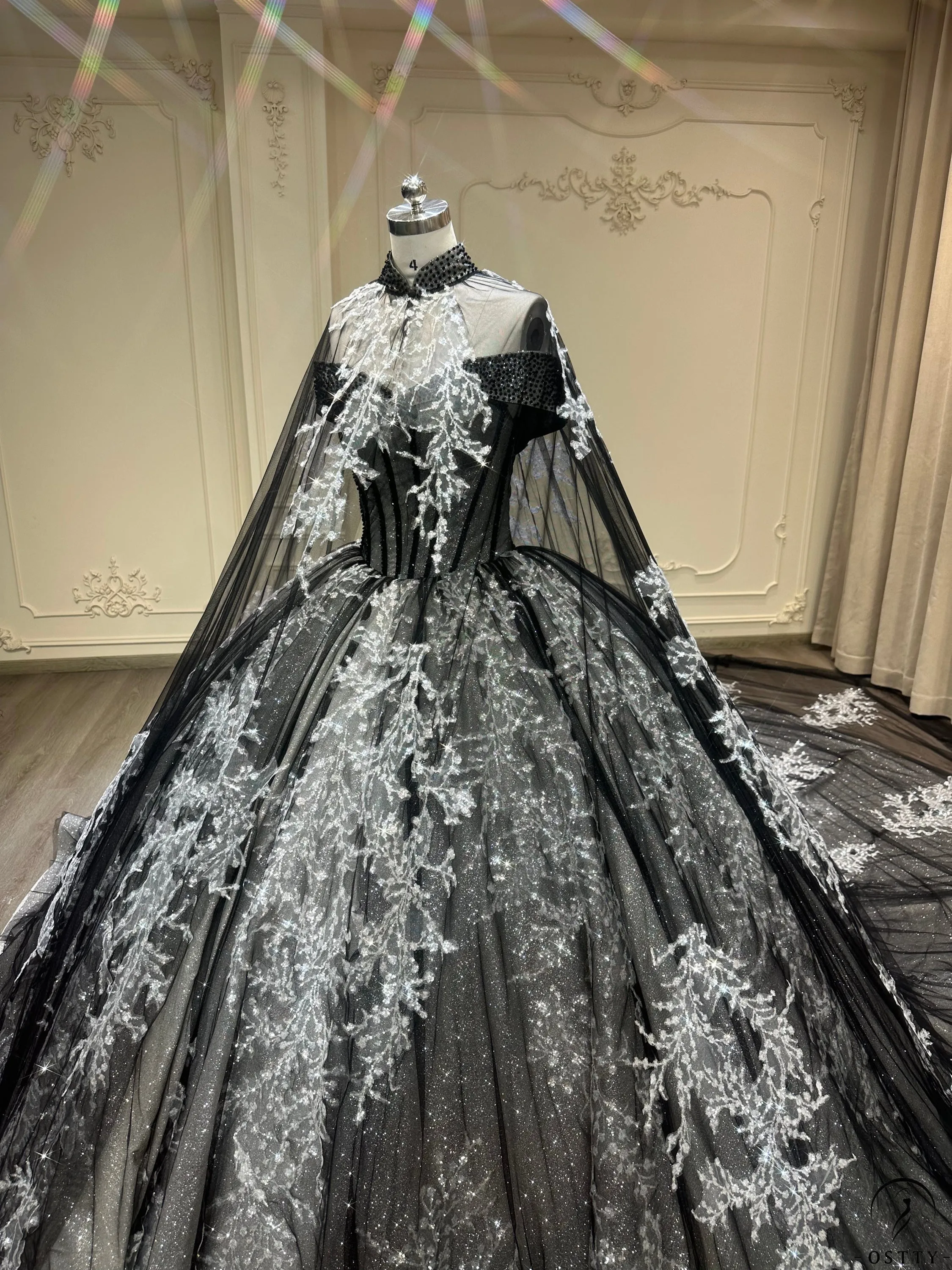 Ostty Black One Shoulder V Neck Long Train Wedding Dress OS003