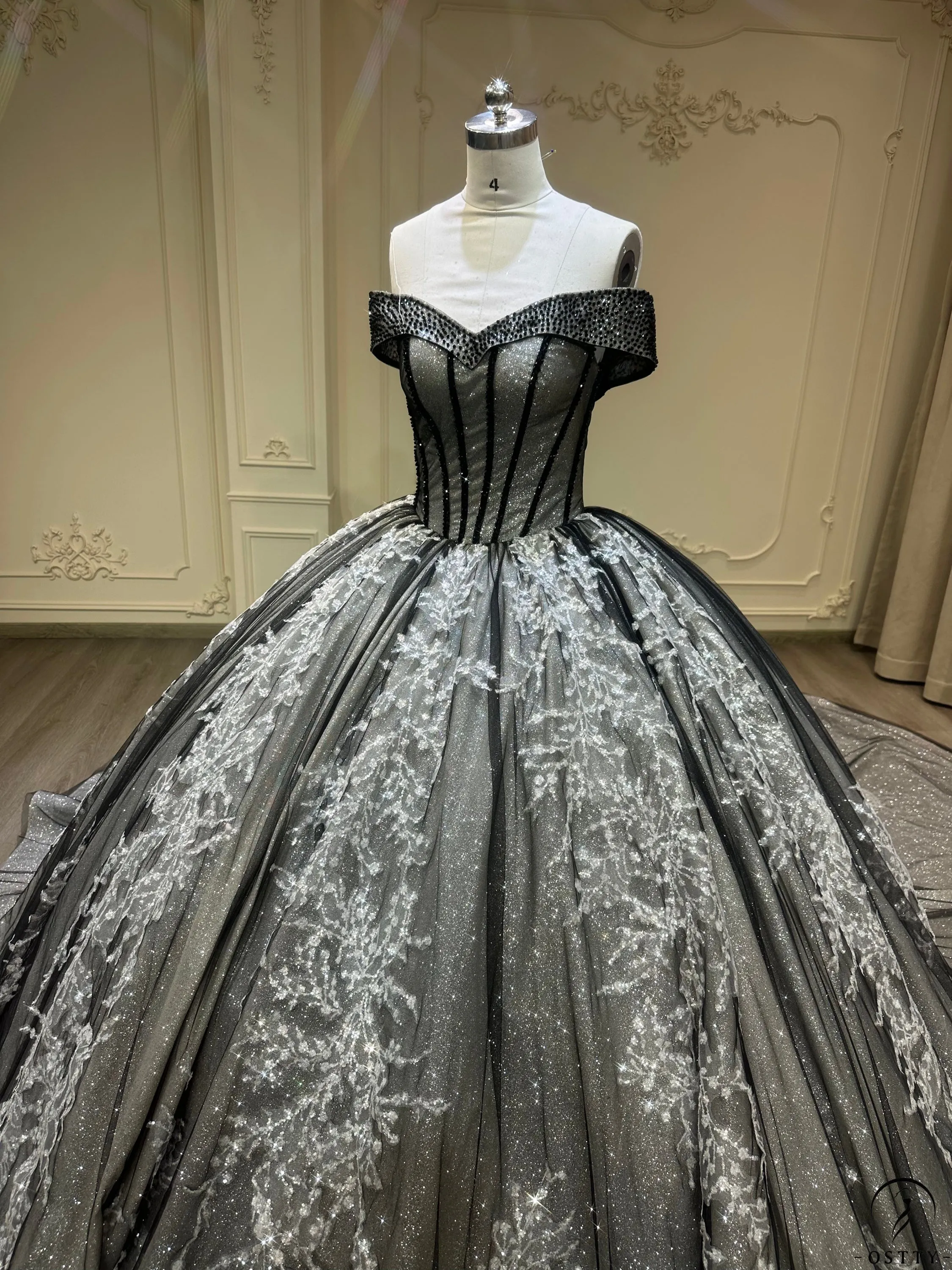 Ostty Black One Shoulder V Neck Long Train Wedding Dress OS003