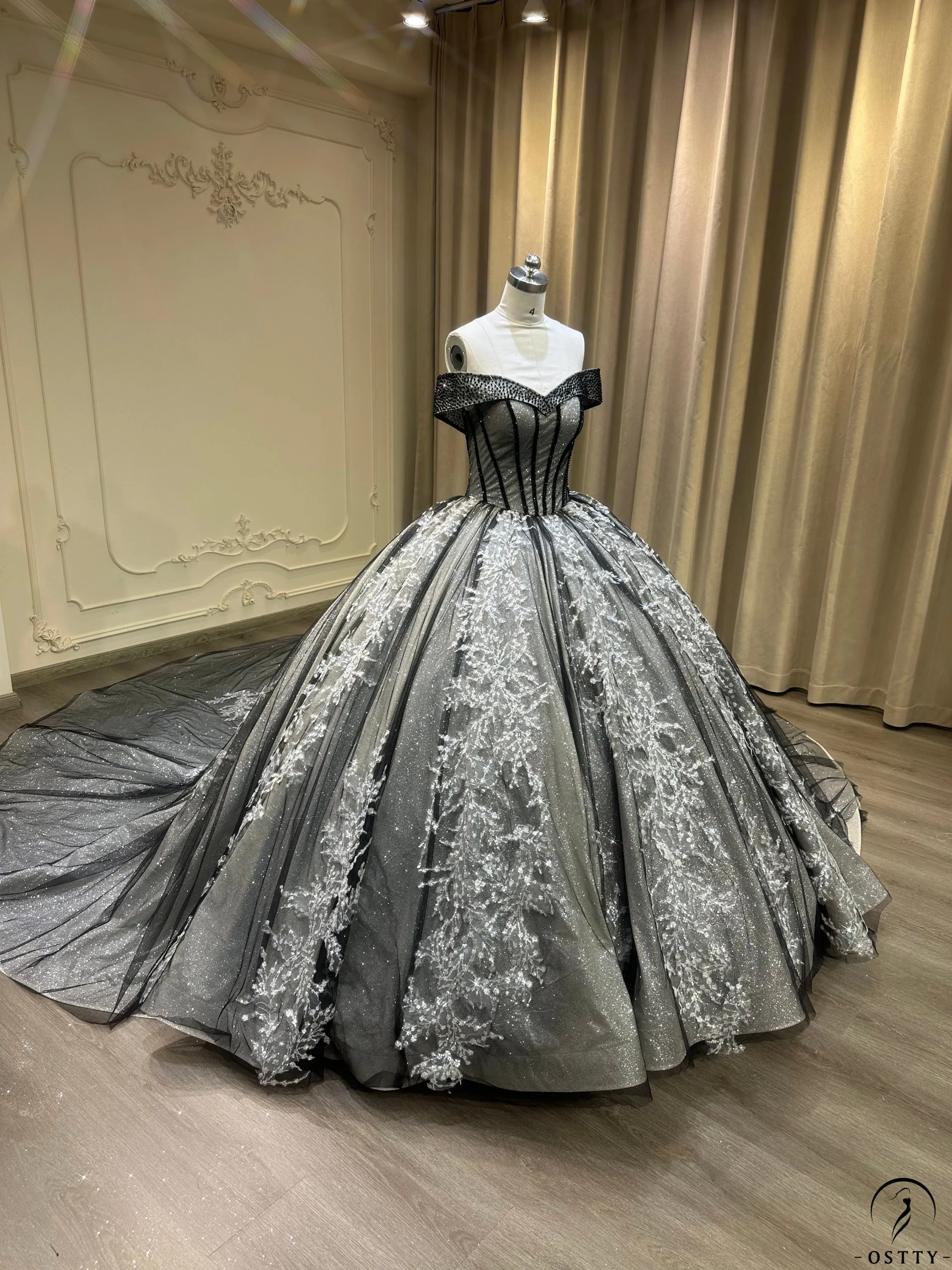 Ostty Black One Shoulder V Neck Long Train Wedding Dress OS003