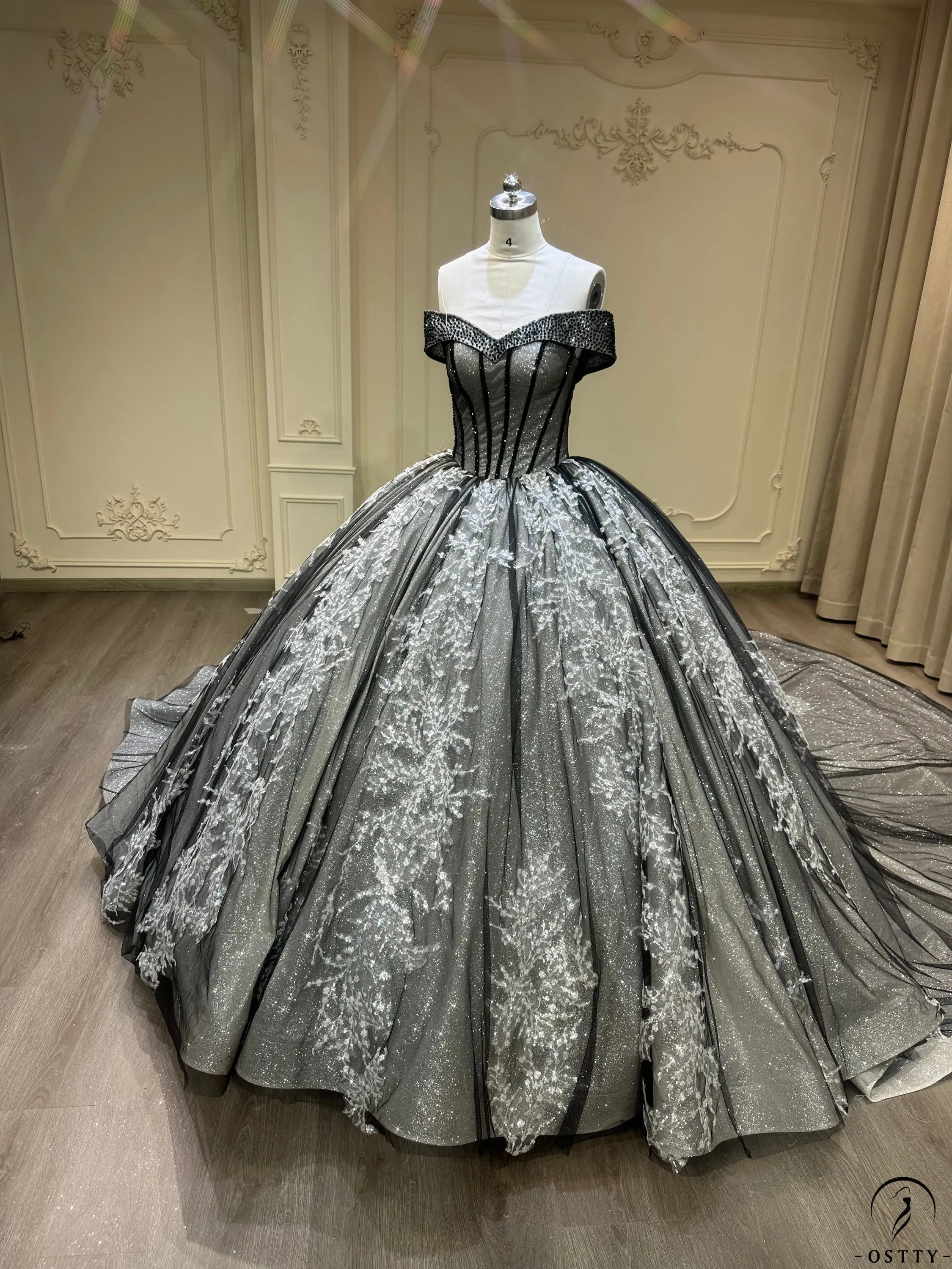 Ostty Black One Shoulder V Neck Long Train Wedding Dress OS003
