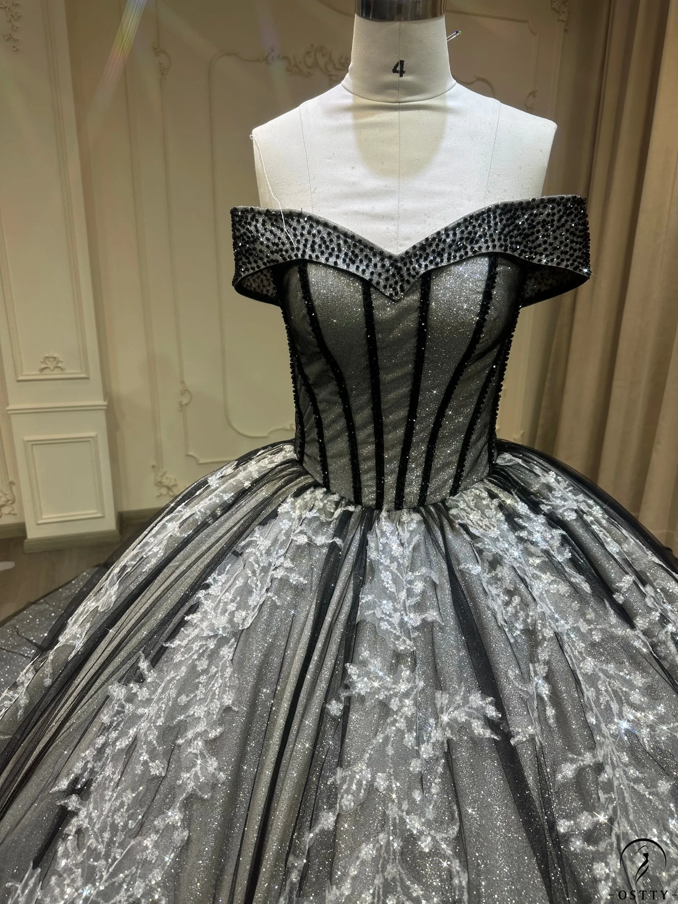 Ostty Black One Shoulder V Neck Long Train Wedding Dress OS003